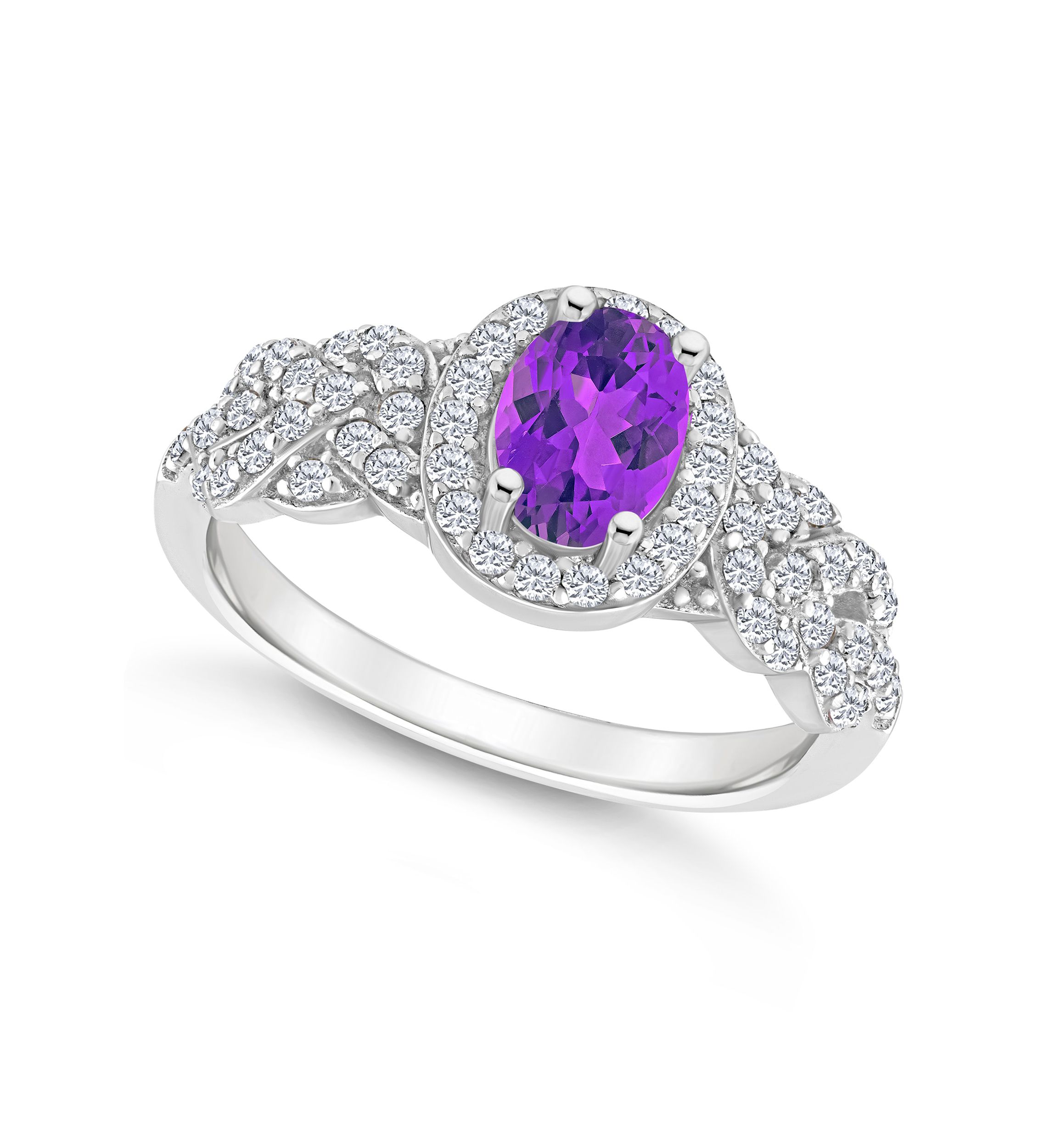 Sterling Silver 7x5mm Oval Amethyst and White Topaz Accent Ring