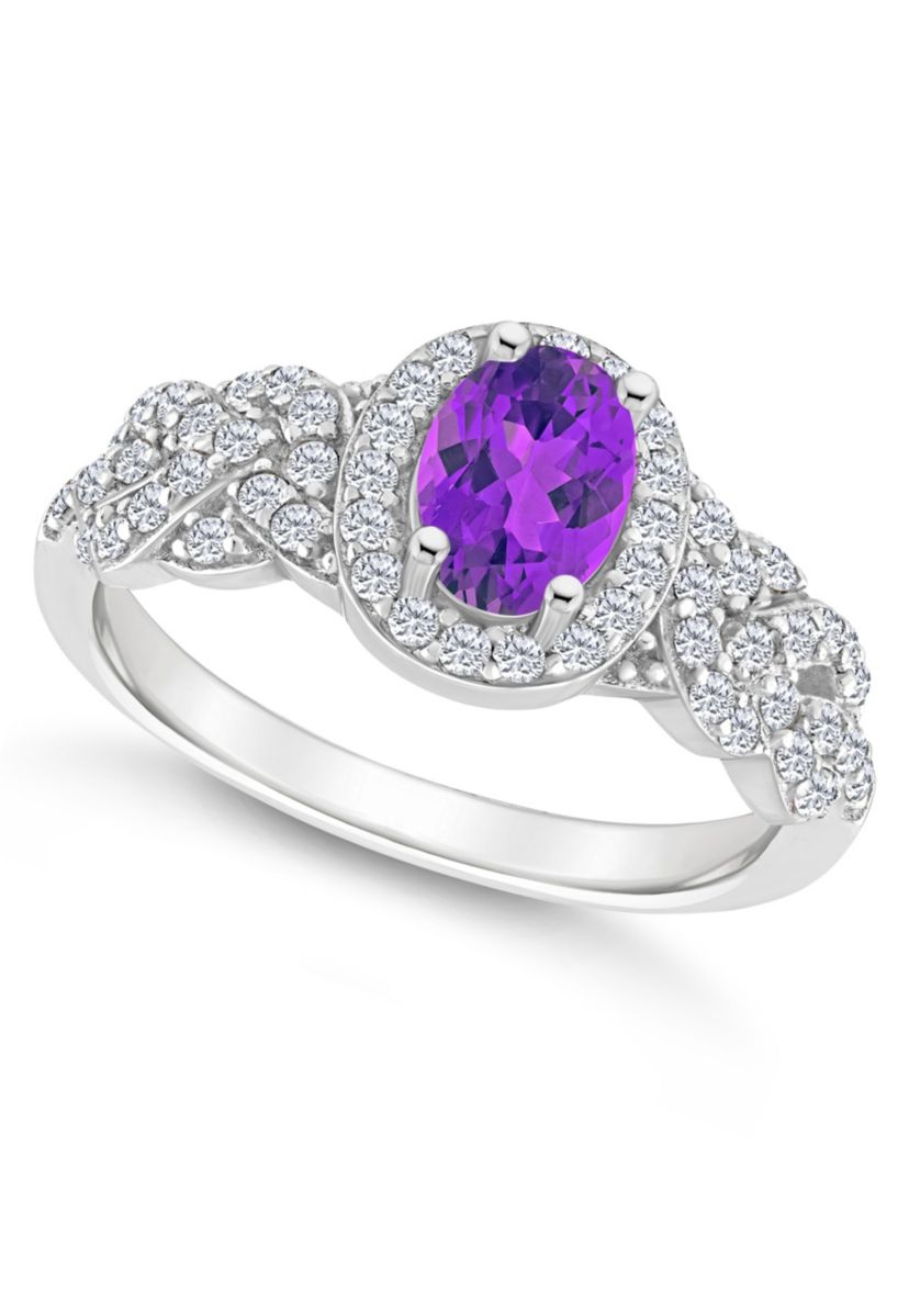 Sterling Silver 7x5mm Oval Amethyst and White Topaz Accent Ring