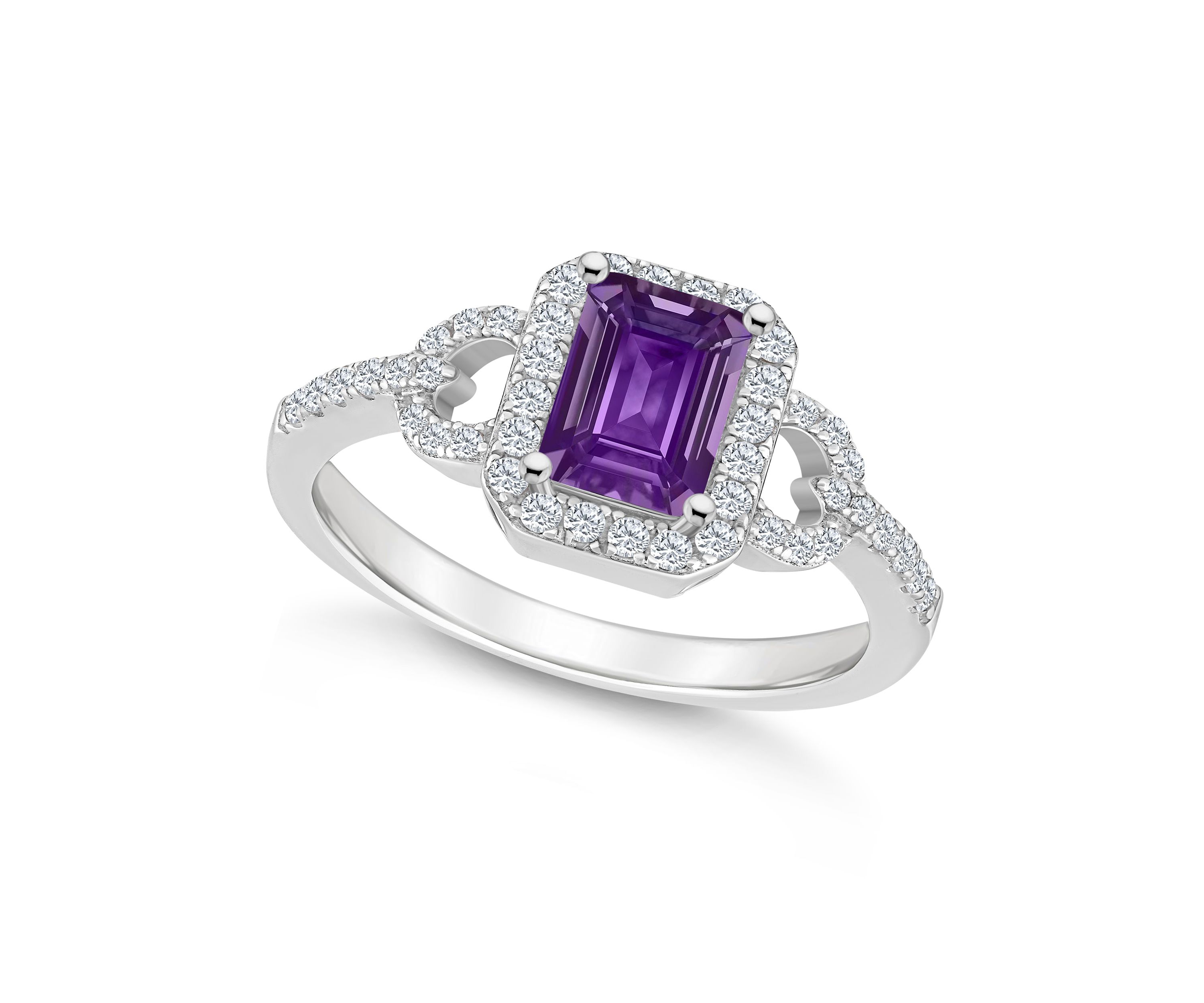 Sterling Silver 7x5mm Emerald Cut Amethyst and White Topaz Accent Ring
