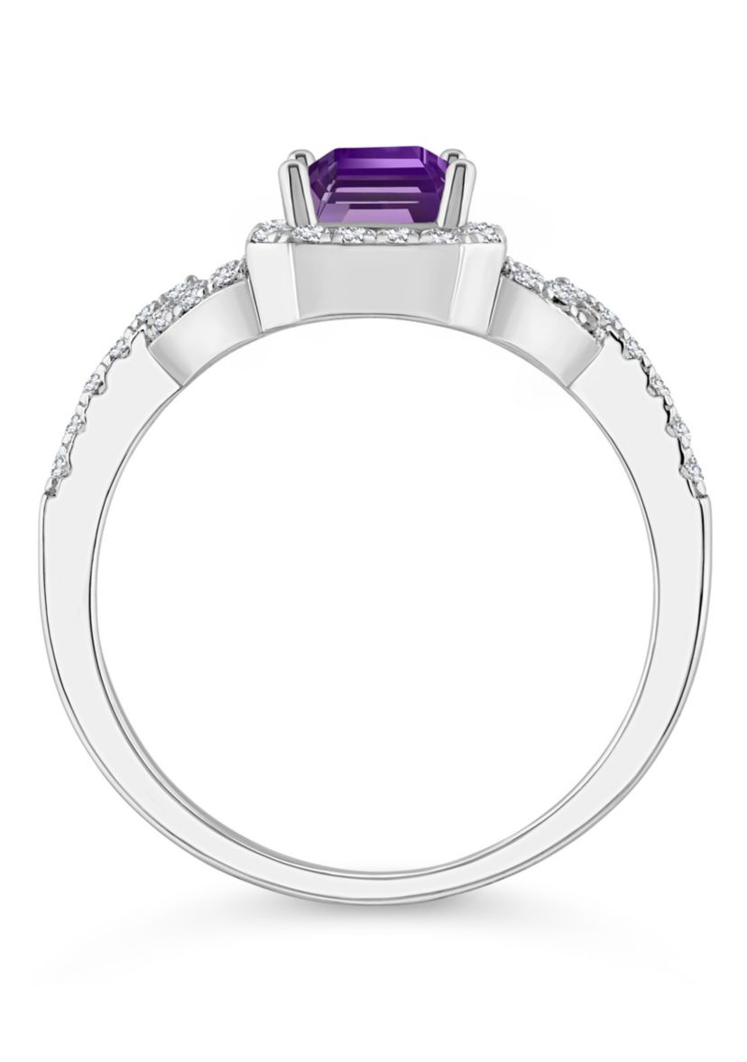 Sterling Silver 7x5mm Emerald Cut Amethyst and White Topaz Accent Ring