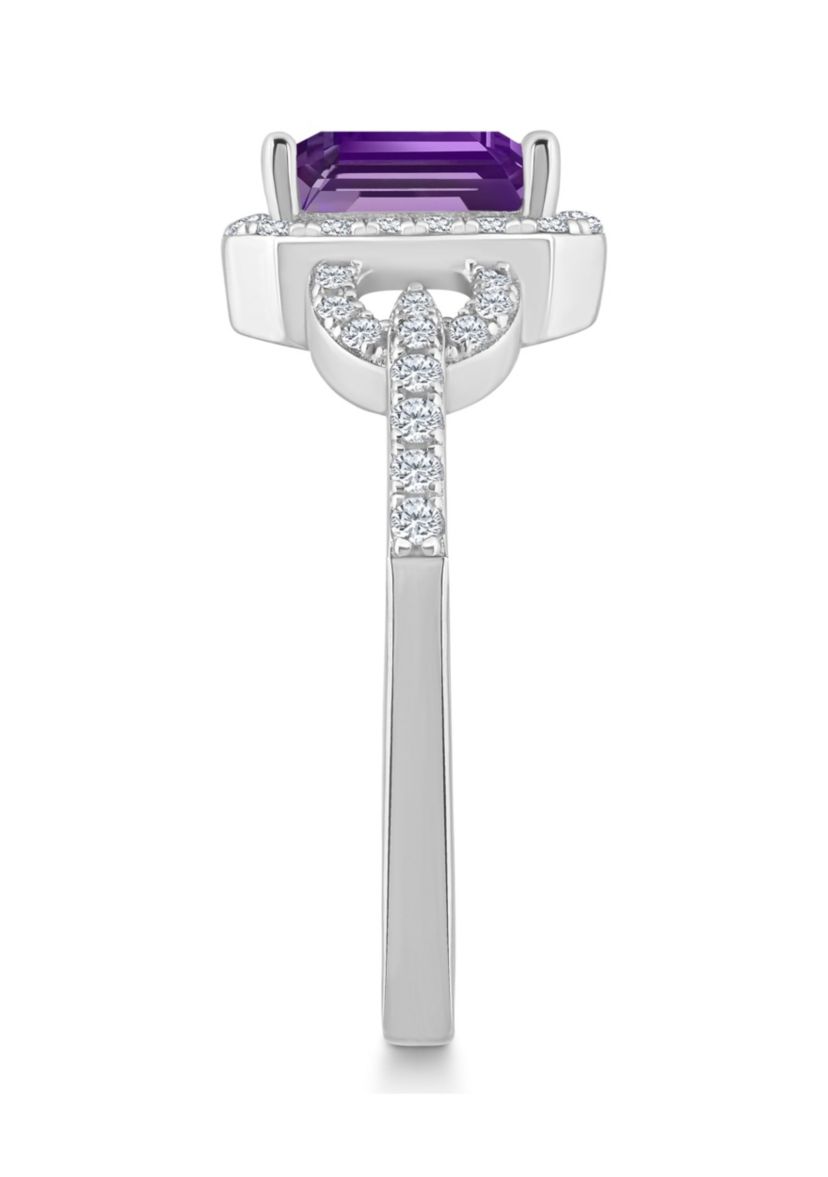 Sterling Silver 7x5mm Emerald Cut Amethyst and White Topaz Accent Ring