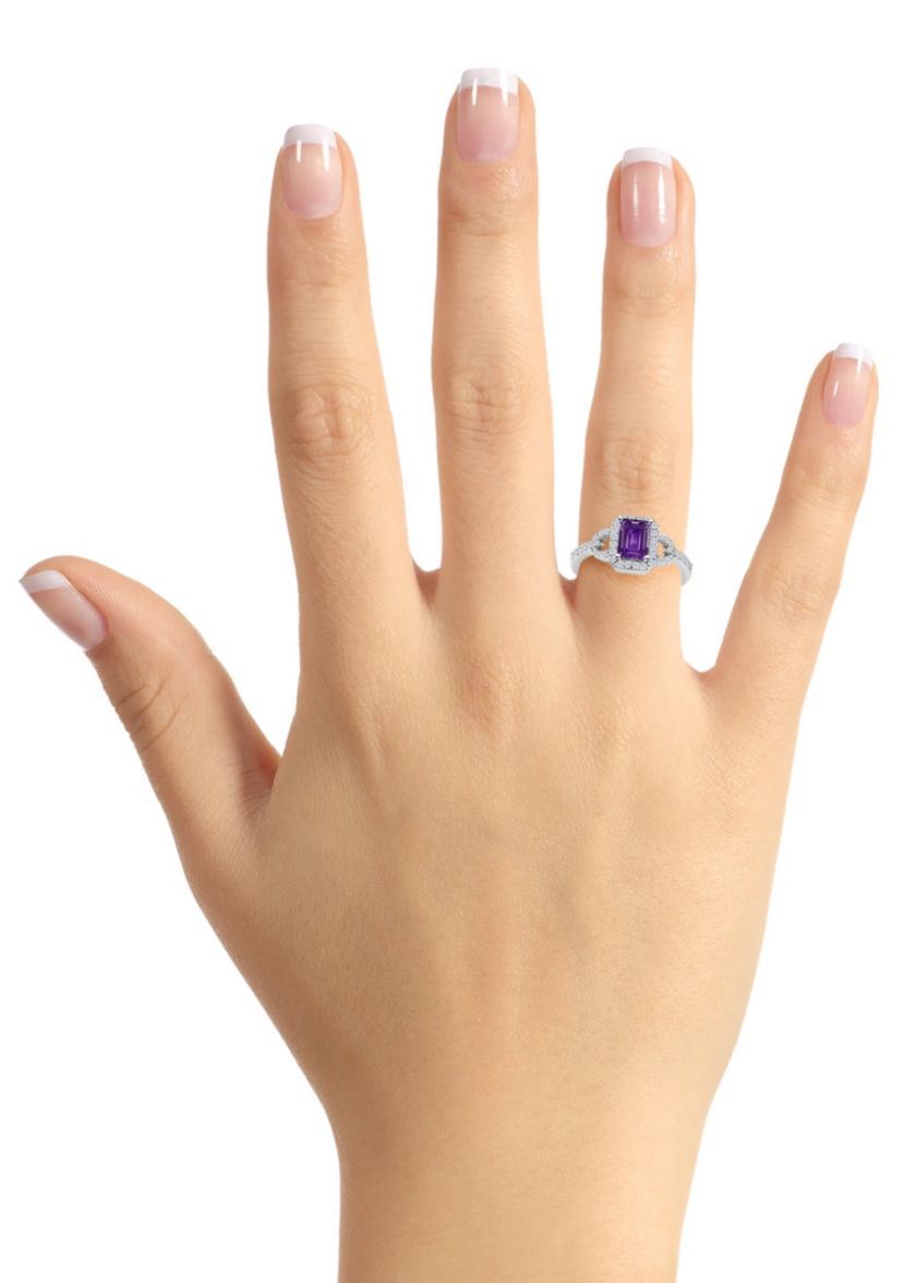 Sterling Silver 7x5mm Emerald Cut Amethyst and White Topaz Accent Ring