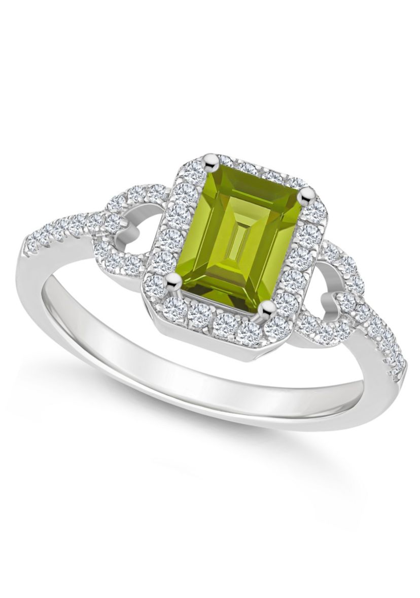 Sterling Silver 7x5mm Emerald Cut Peridot and White Topaz Accent Ring