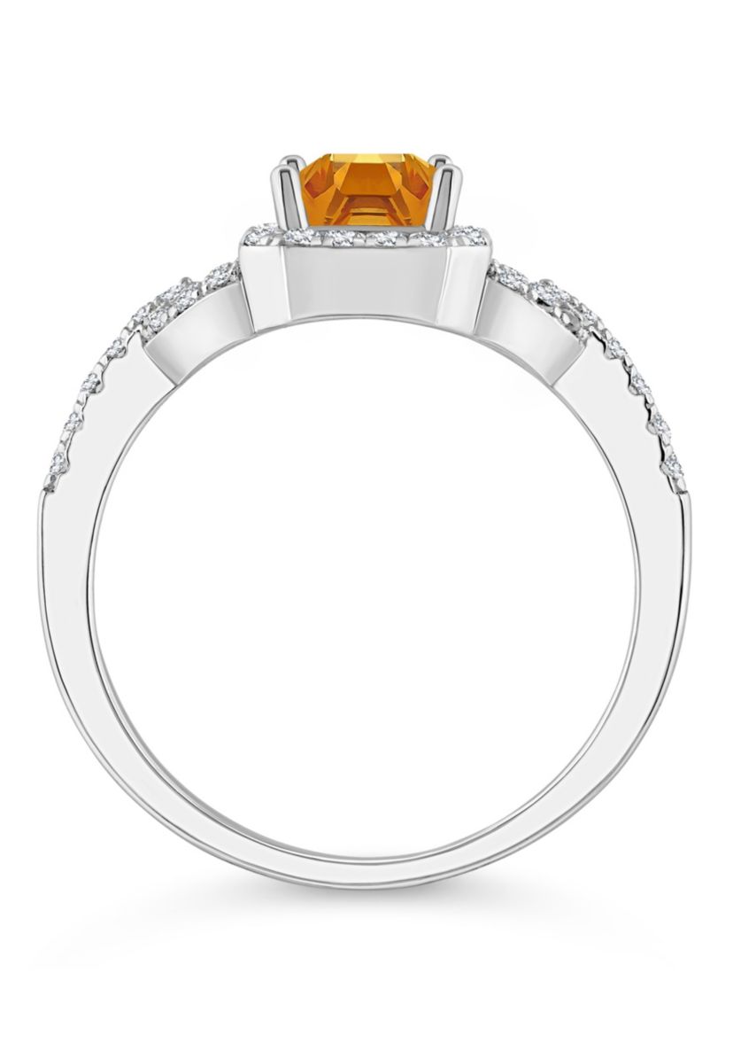 Sterling Silver 7x5mm Emerald Cut Citrine and White Topaz Accent Ring