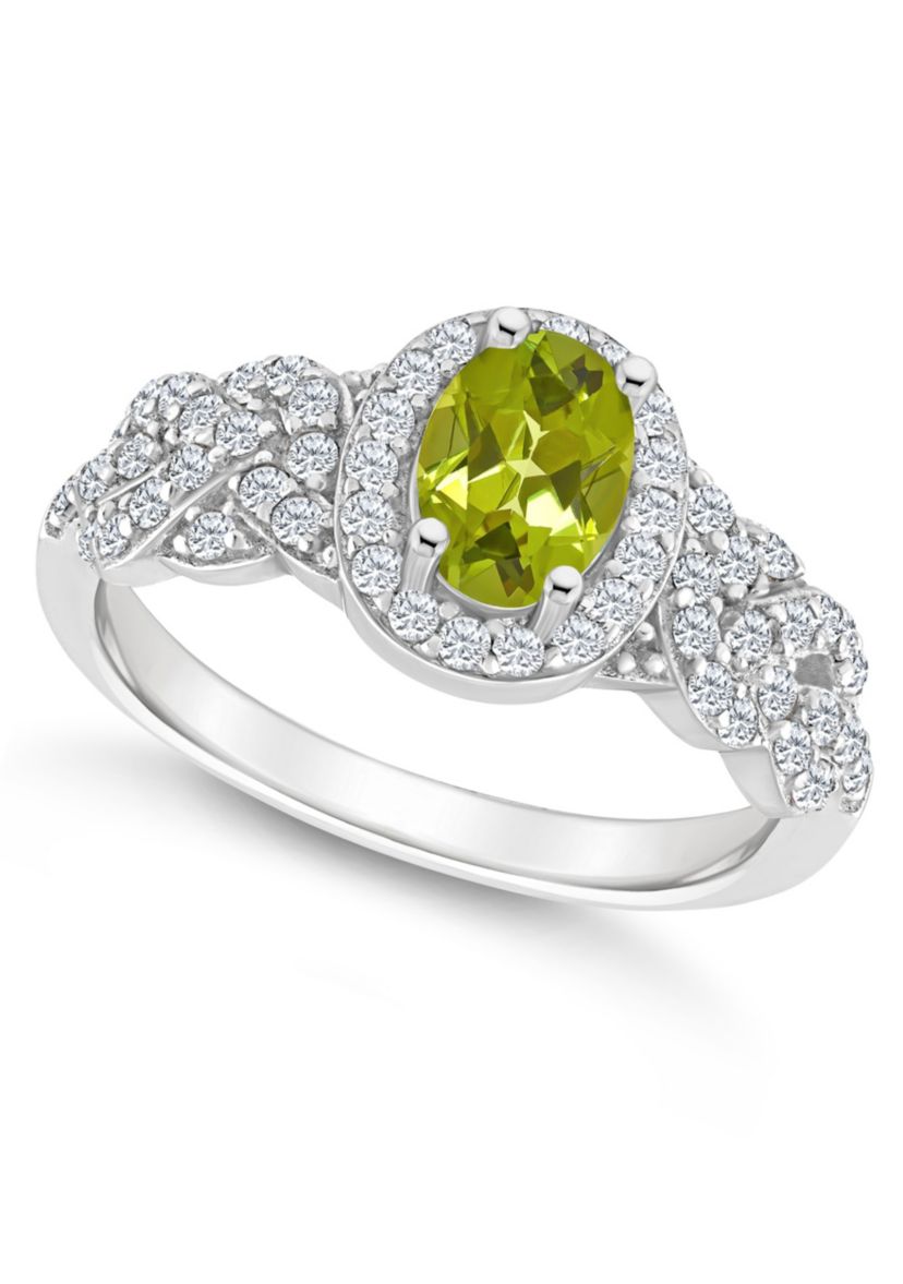 Sterling Silver 7x5mm Oval Peridot and White Topaz Accent Ring