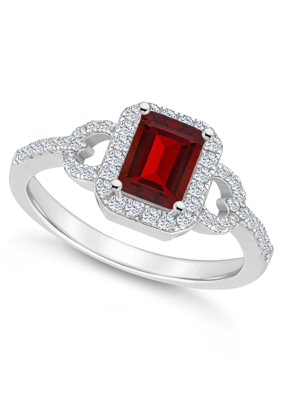 Sterling Silver 7x5mm Emerald Cut Garnet and White Topaz Accent Ring