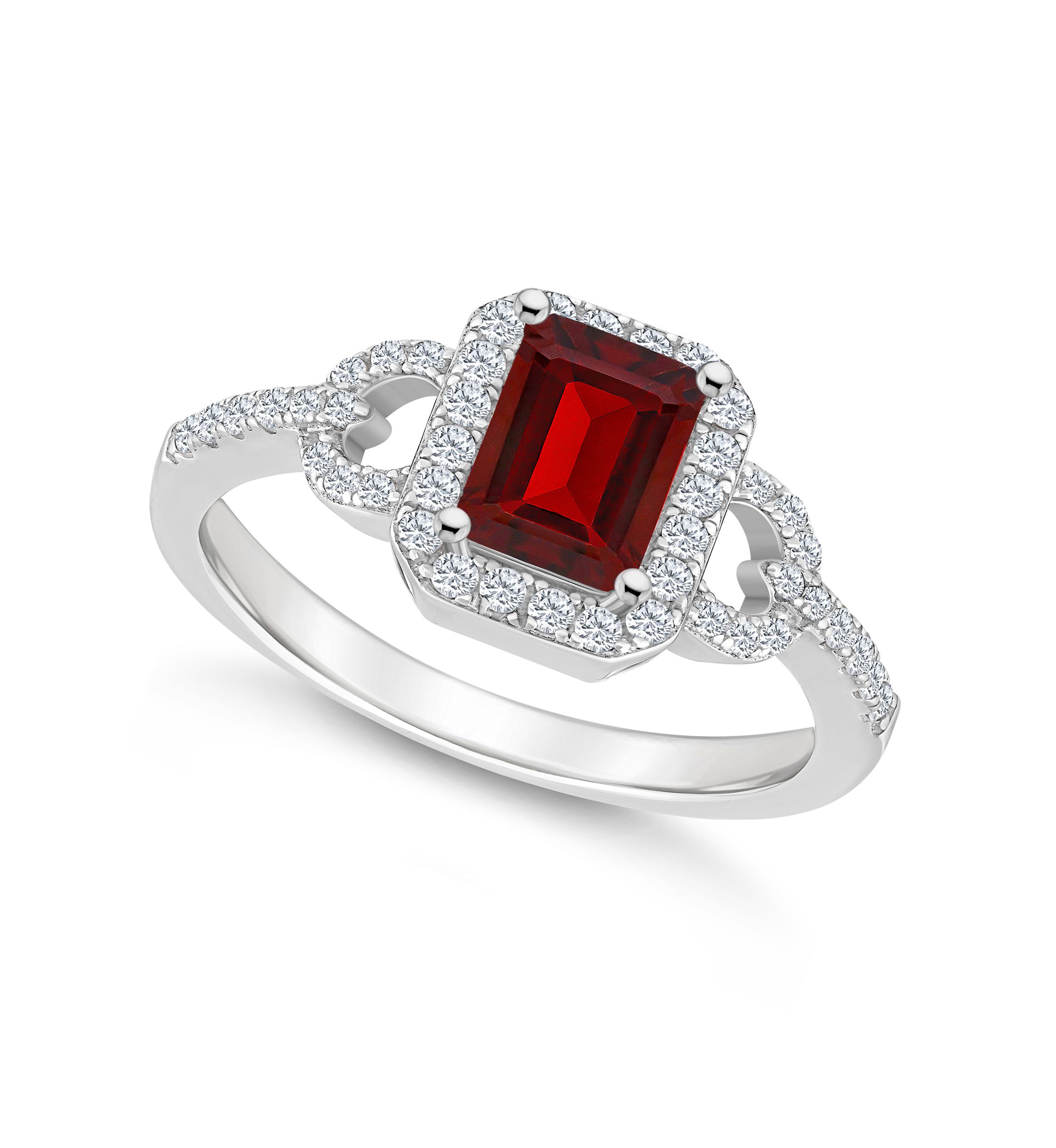 Sterling Silver 7x5mm Emerald Cut Garnet and White Topaz Accent Ring