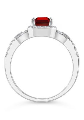 Sterling Silver 7x5mm Emerald Cut Garnet and White Topaz Accent Ring