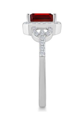 Sterling Silver 7x5mm Emerald Cut Garnet and White Topaz Accent Ring