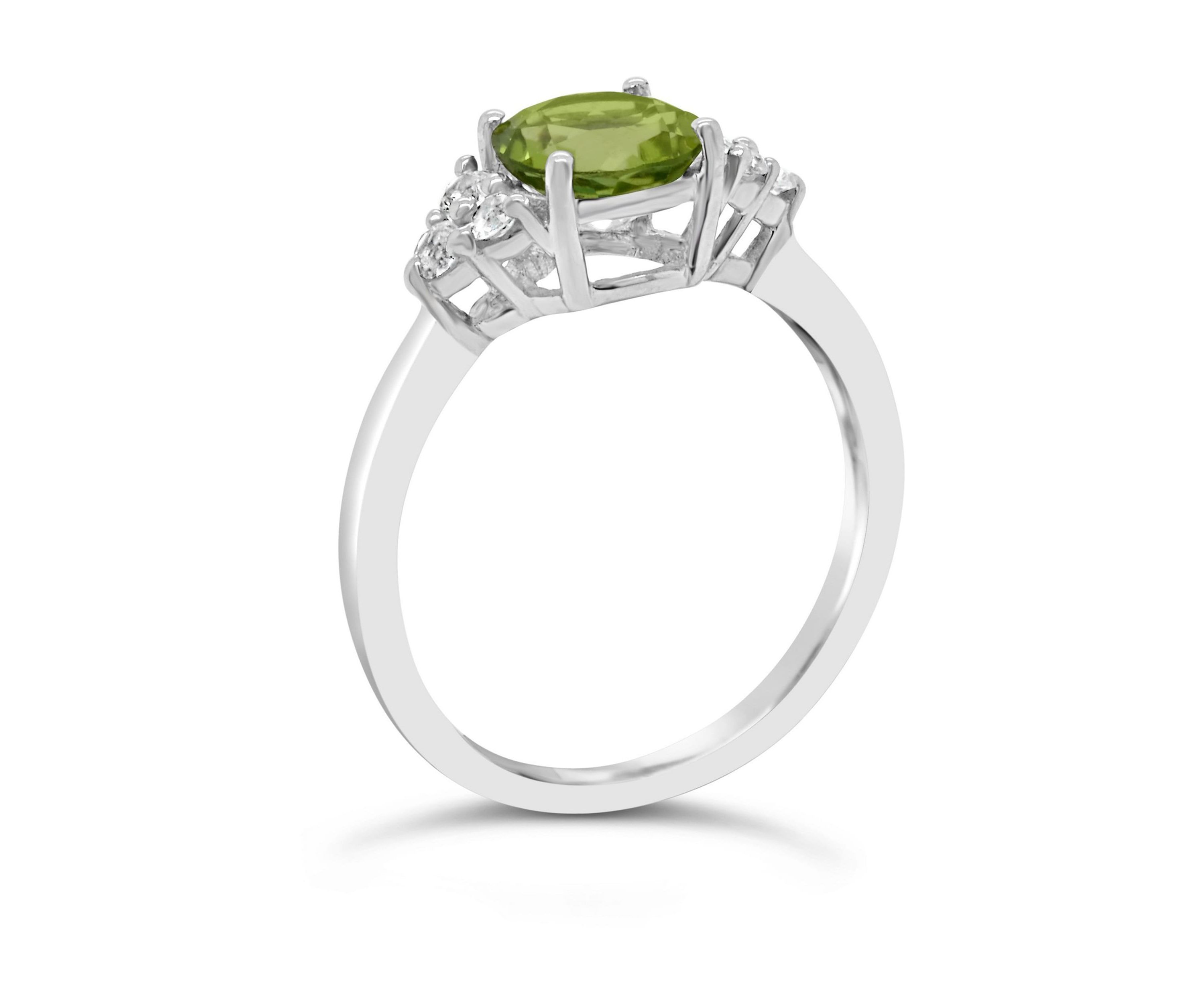 Sterling Silver 7mm Round Peridot And Created White Sapphire Ring