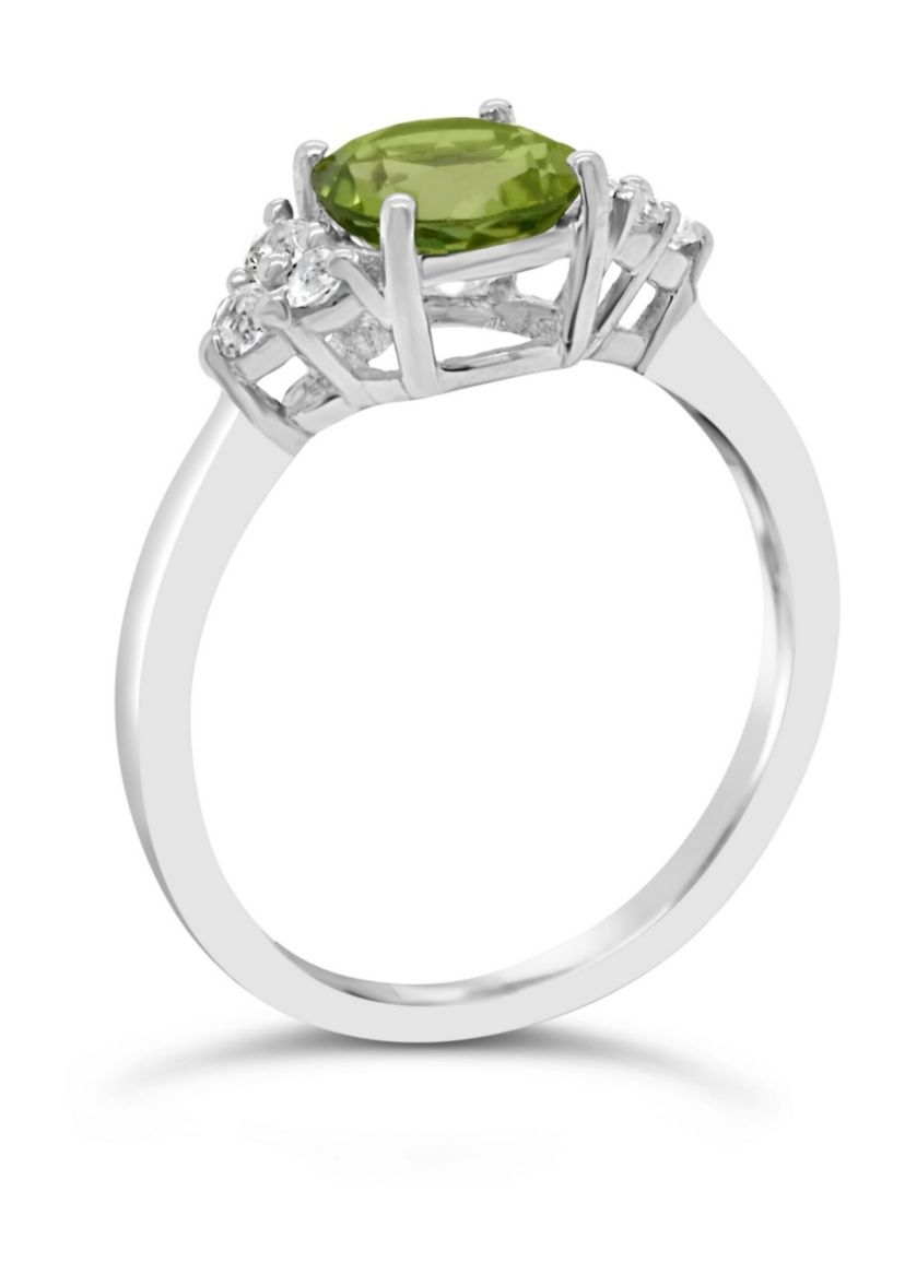 Sterling Silver 7mm Round Peridot And Created White Sapphire Ring