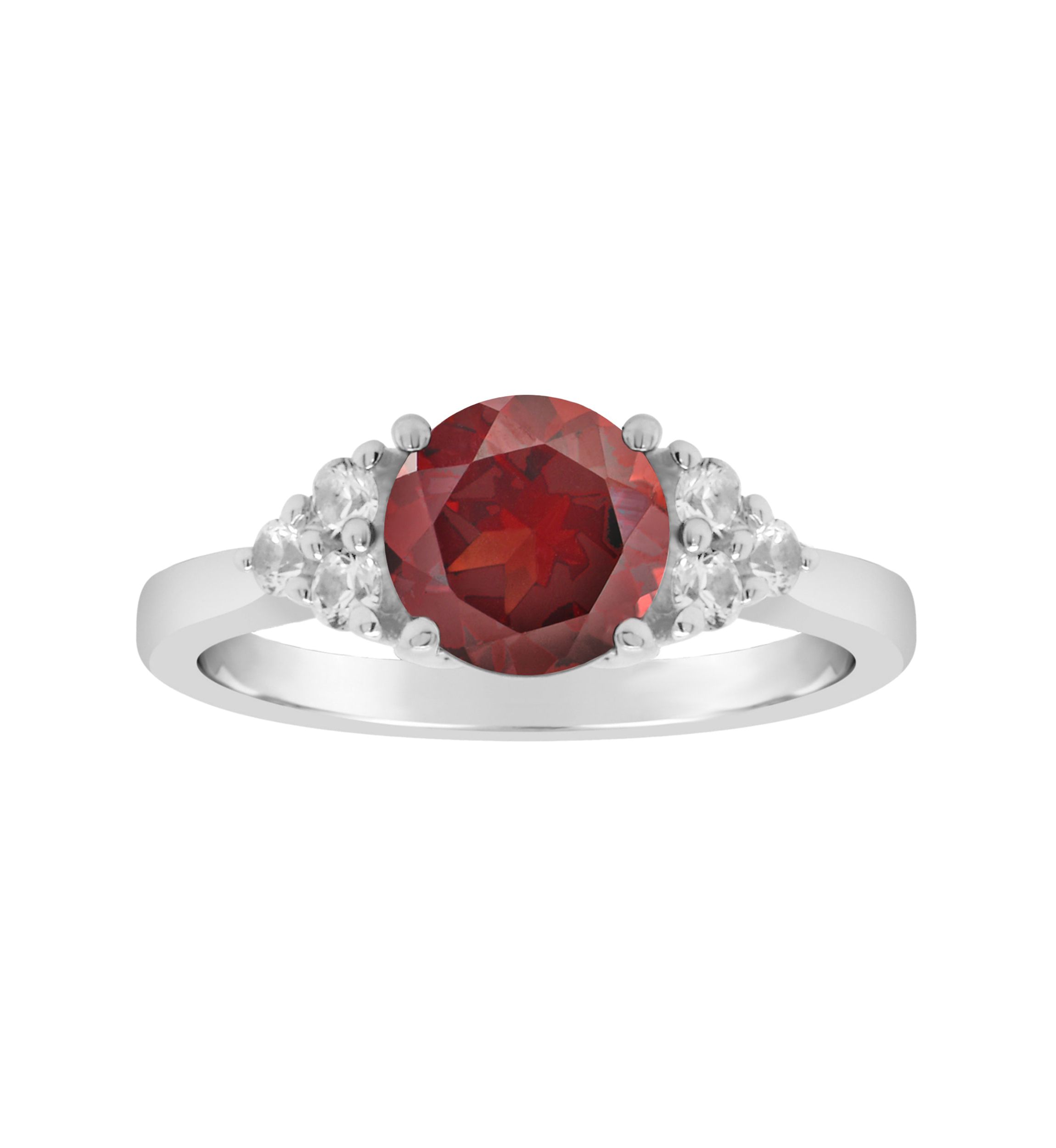 Sterling Silver 7mm Round Garnet And Created White Sapphire Ring