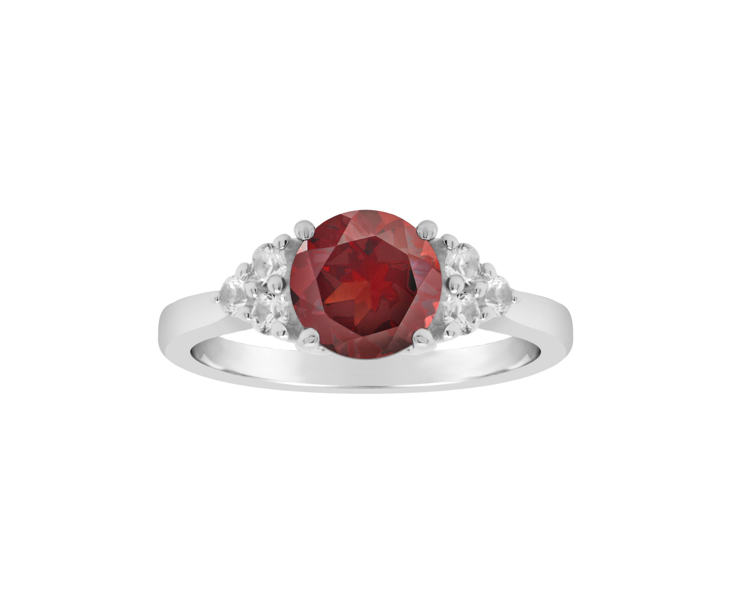 Sterling Silver 7mm Round Garnet And Created White Sapphire Ring