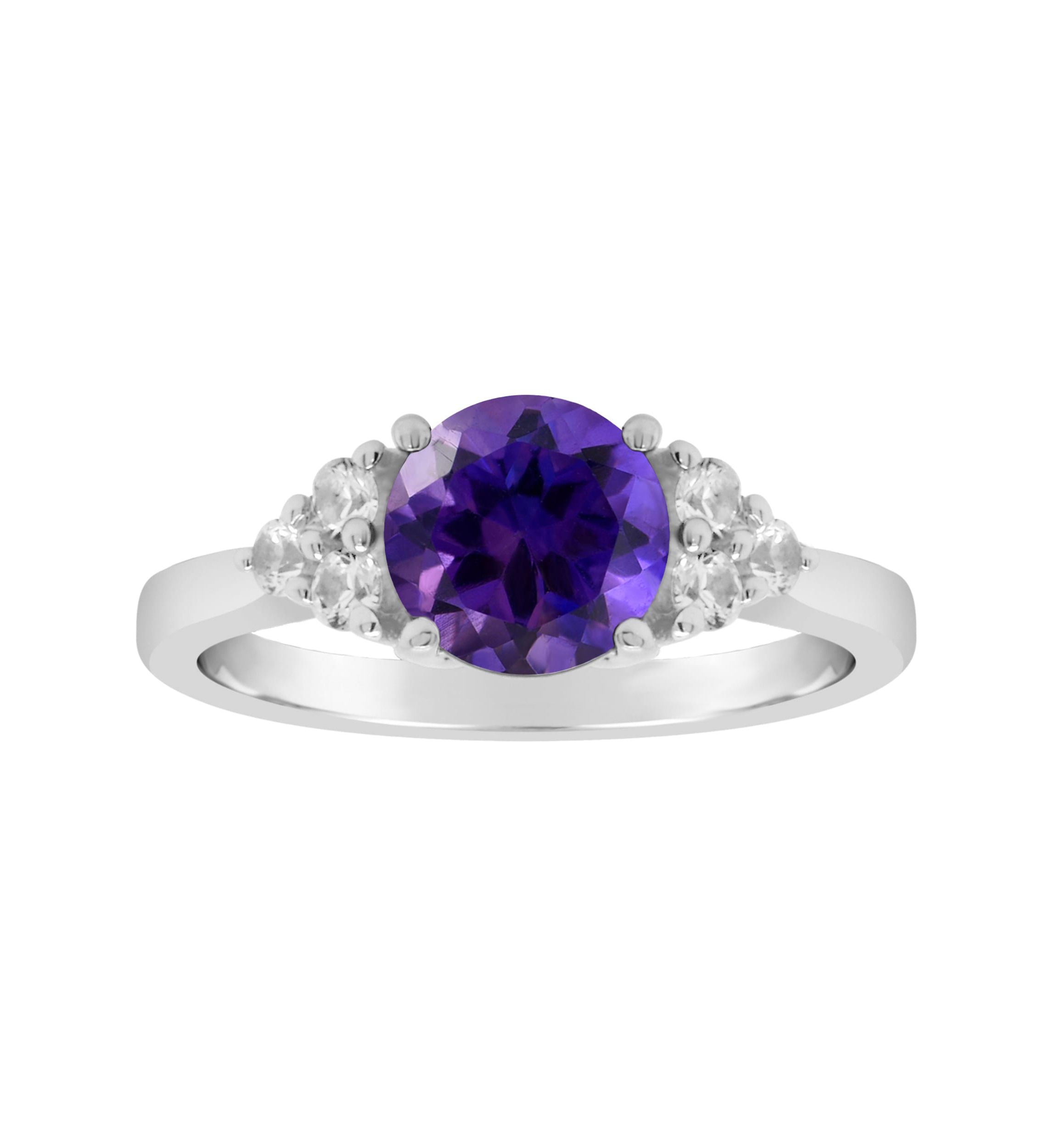 Sterling Silver 7mm Round Amethyst And Created White Sapphire Ring