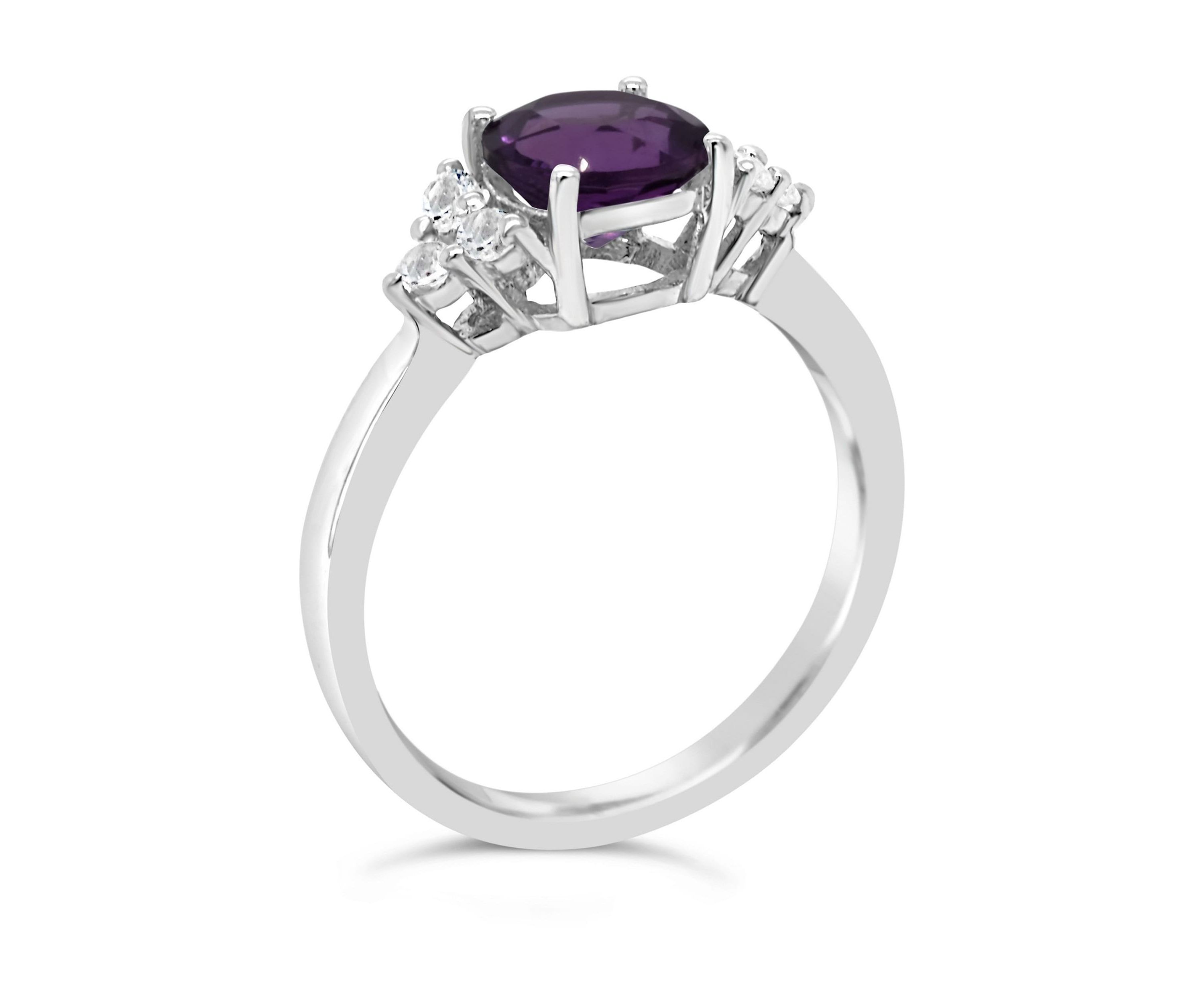 Sterling Silver 7mm Round Amethyst And Created White Sapphire Ring