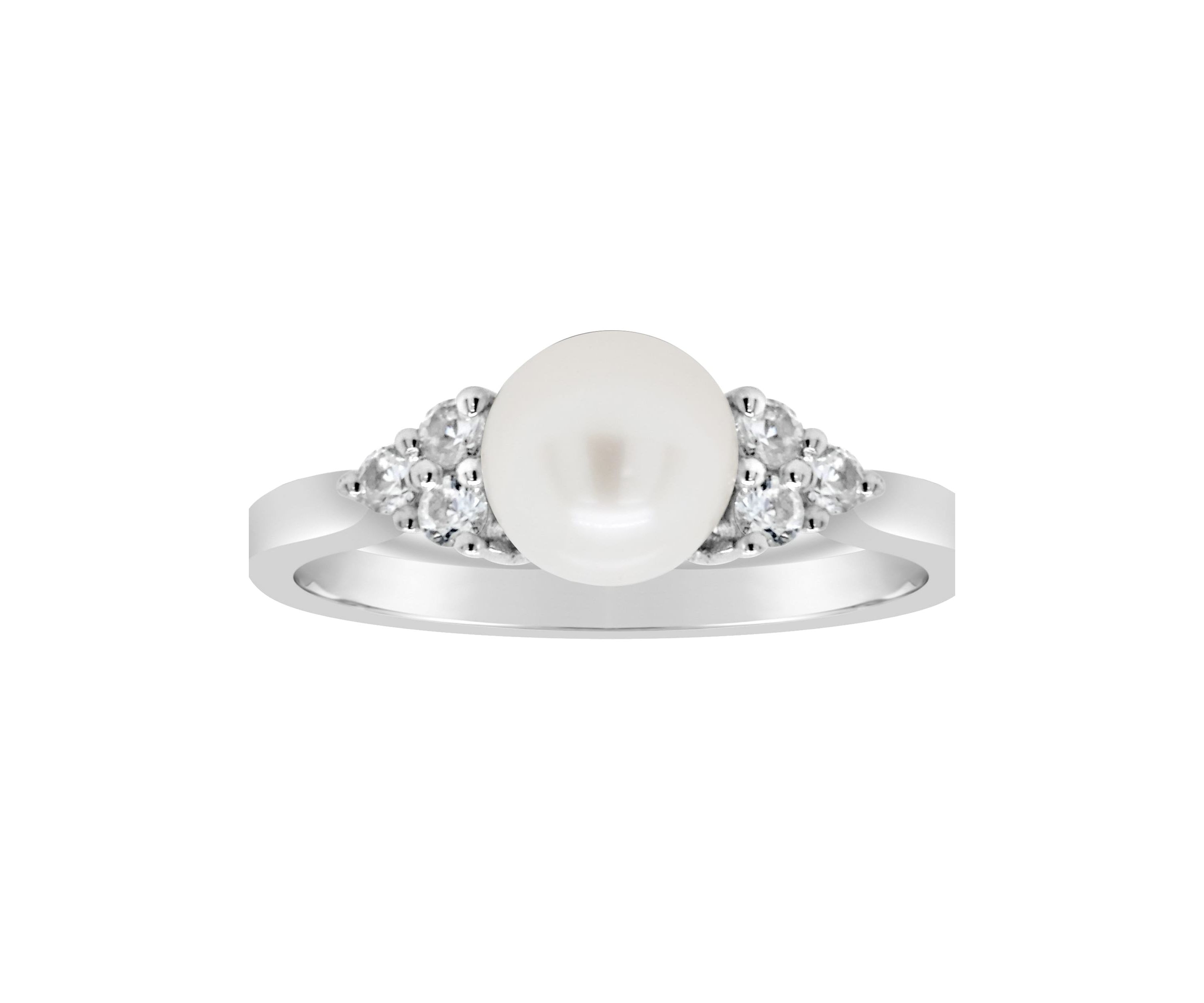 Sterling Silver 7mm Round Pearl And Created White Sapphire Ring