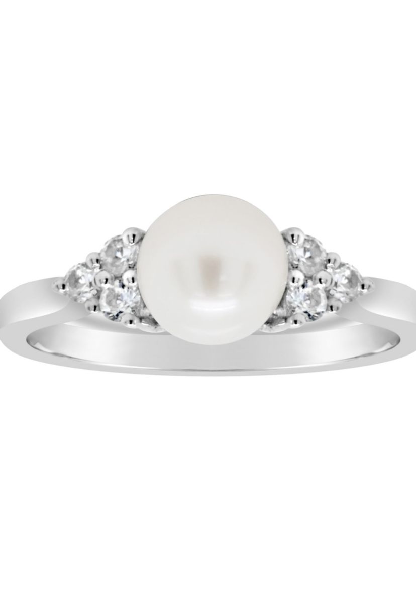 Sterling Silver 7mm Round Pearl And Created White Sapphire Ring