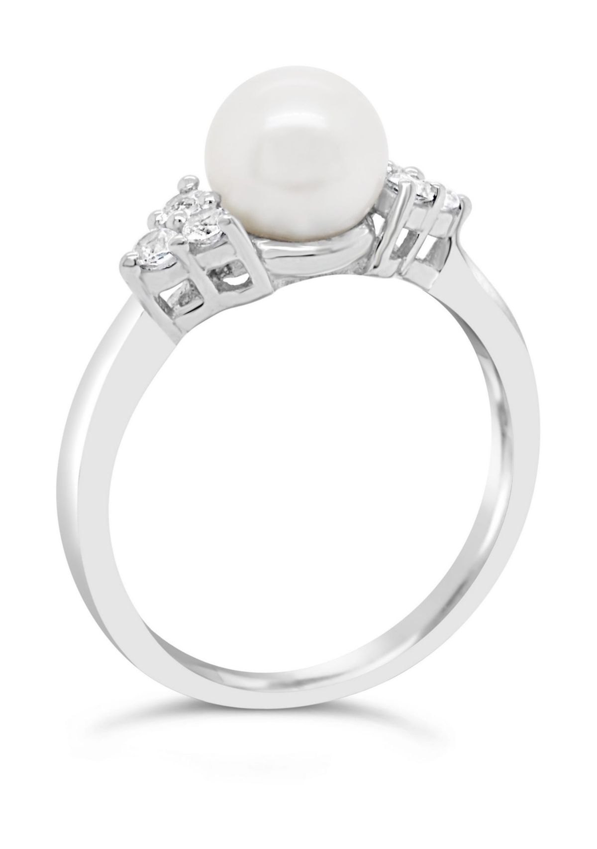 Sterling Silver 7mm Round Pearl And Created White Sapphire Ring