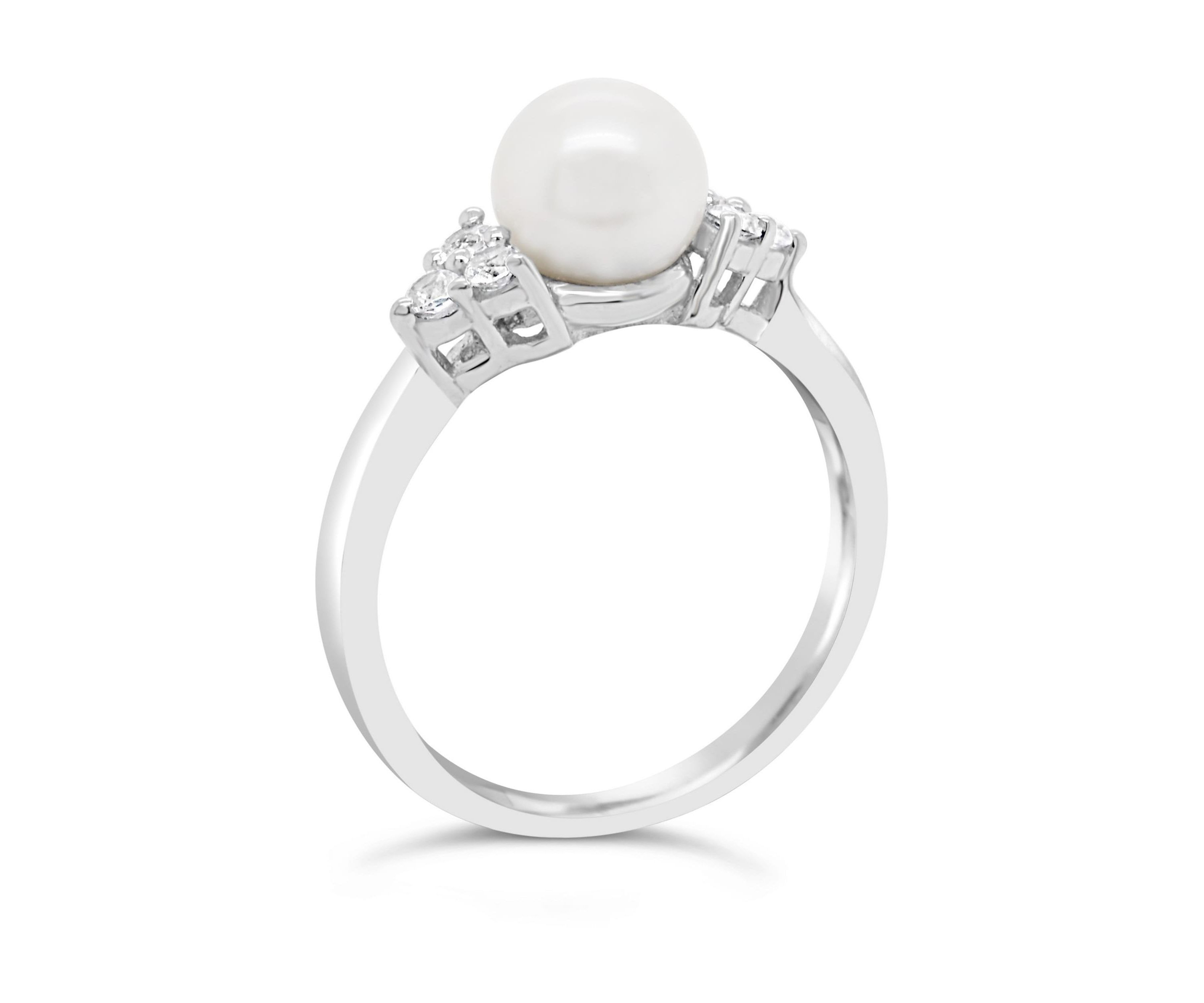 Sterling Silver 7mm Round Pearl And Created White Sapphire Ring