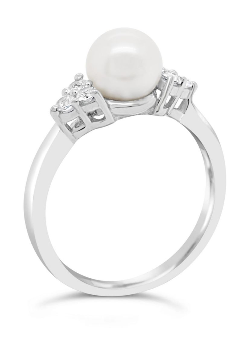 Sterling Silver 7mm Round Pearl And Created White Sapphire Ring