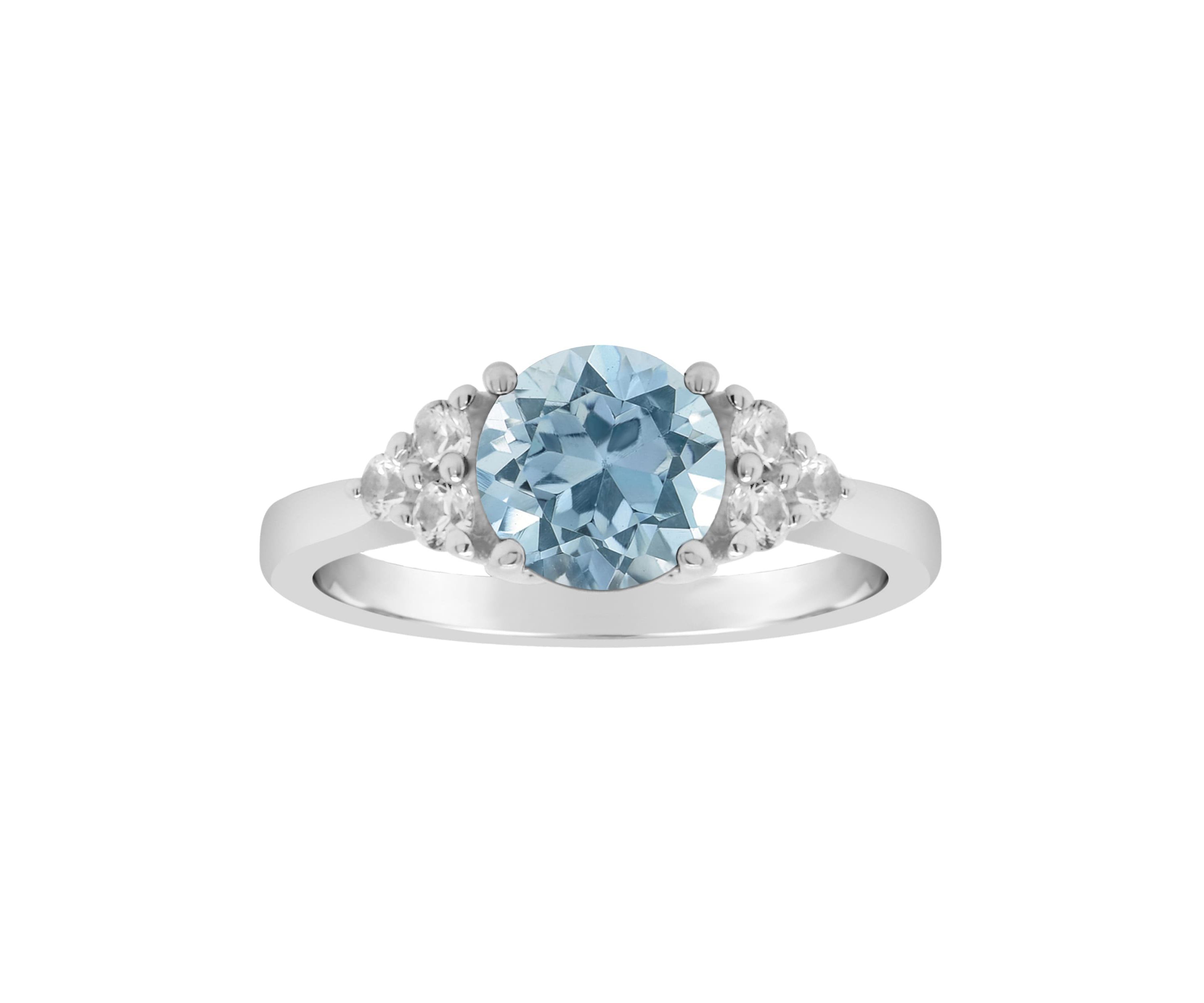 Sterling Silver 7mm Round Blue Topaz And Created White Sapphire Ring
