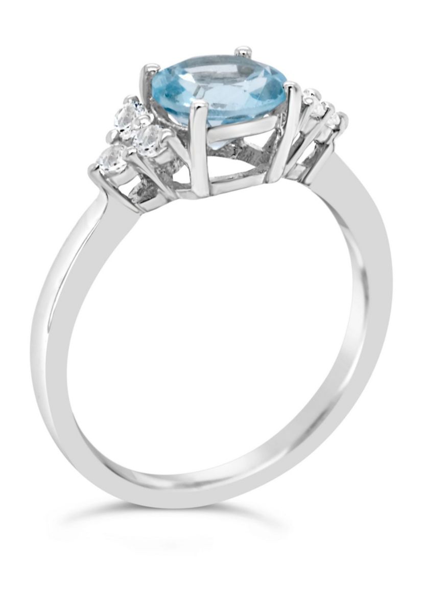 Sterling Silver 7mm Round Blue Topaz And Created White Sapphire Ring