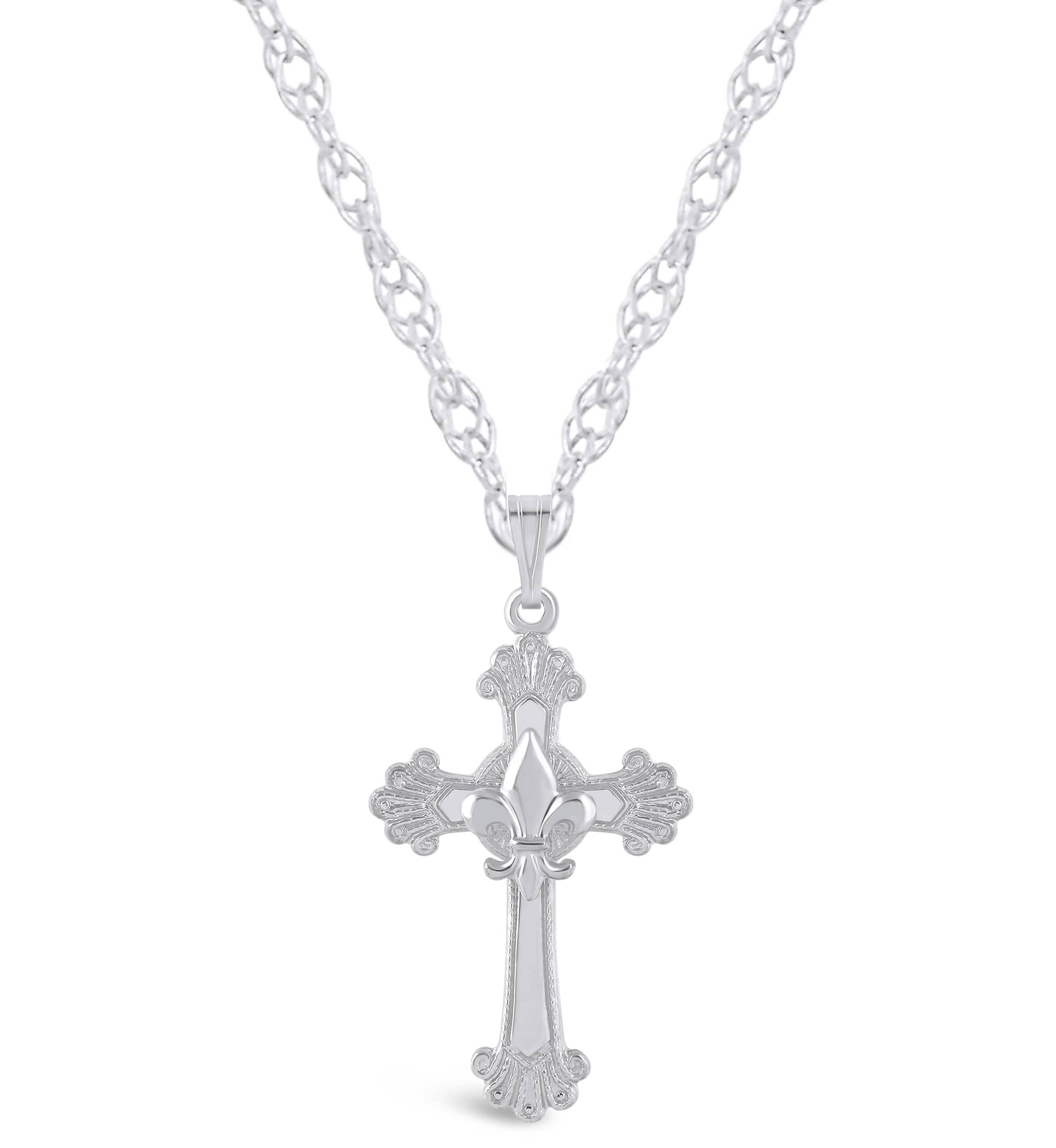 Sterling Silver/14K Yellow Gold Plated Fleur De Lis Cross Pendant Necklace