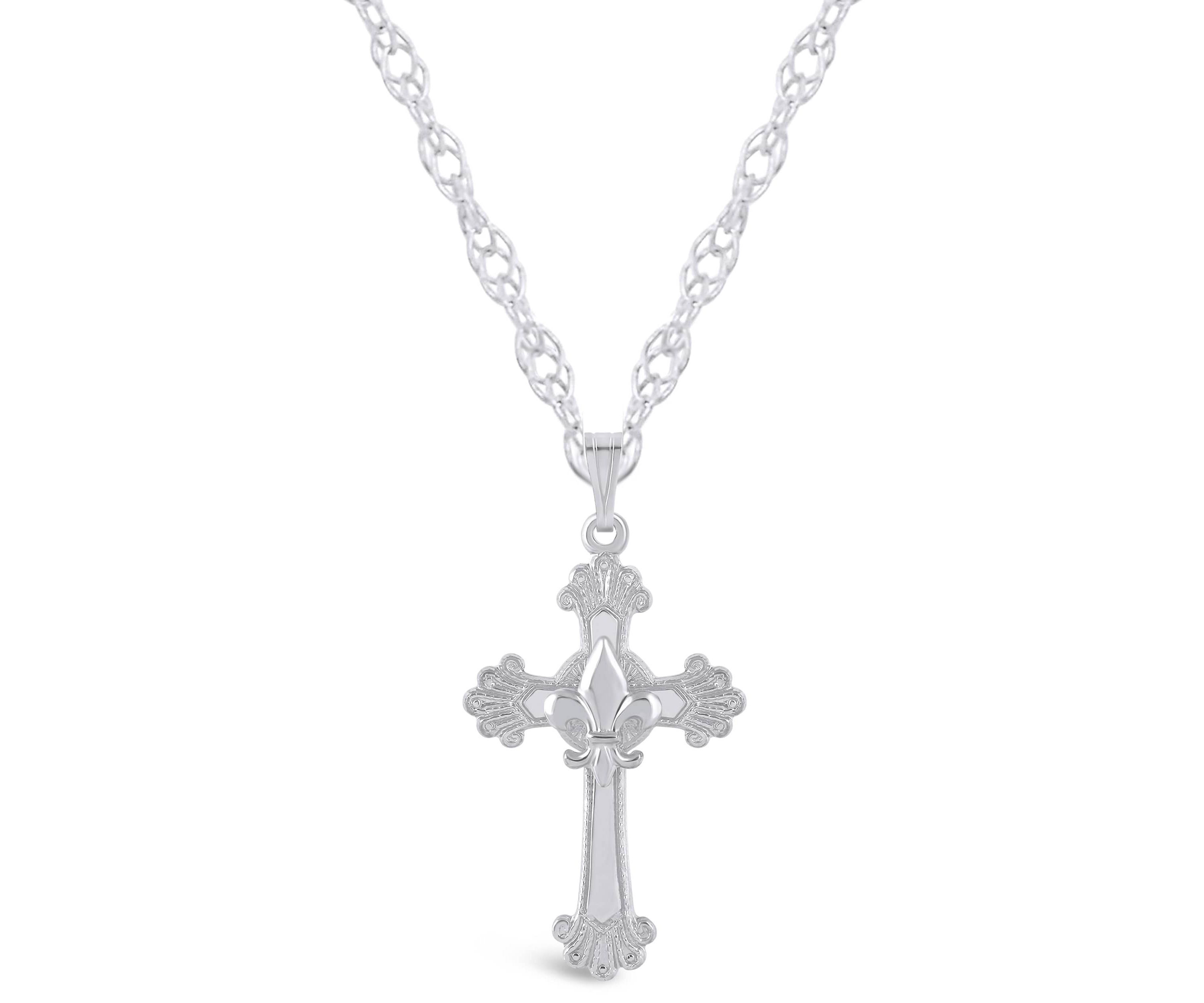Sterling Silver/14K Yellow Gold Plated Fleur De Lis Cross Pendant Necklace