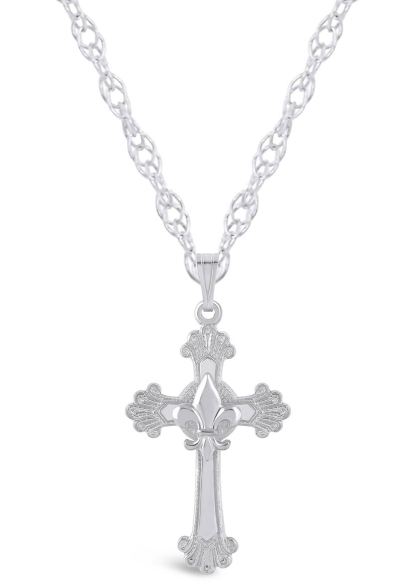 Sterling Silver/14K Yellow Gold Plated Fleur De Lis Cross Pendant Necklace