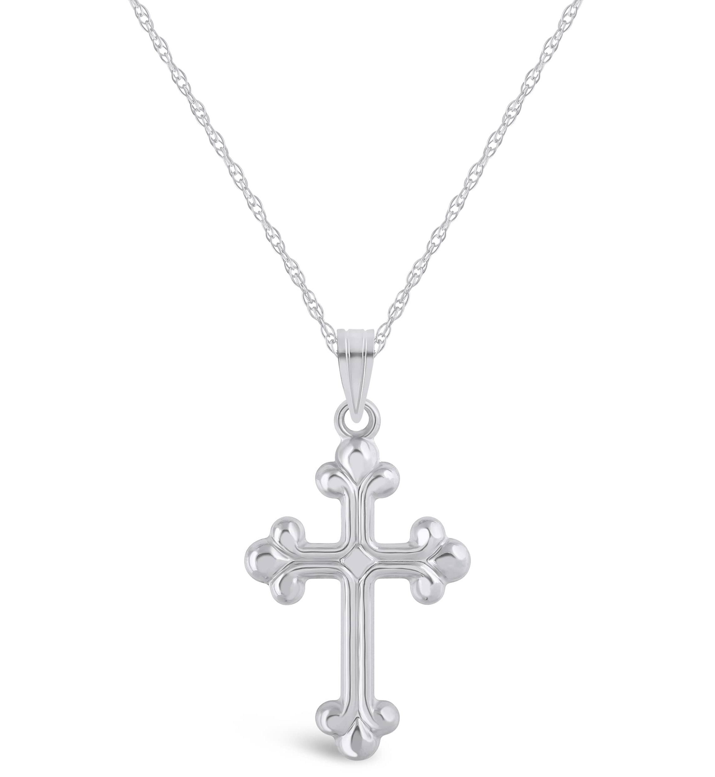 14K Yellow Gold Fleur De Lis Cross Pendant Necklace