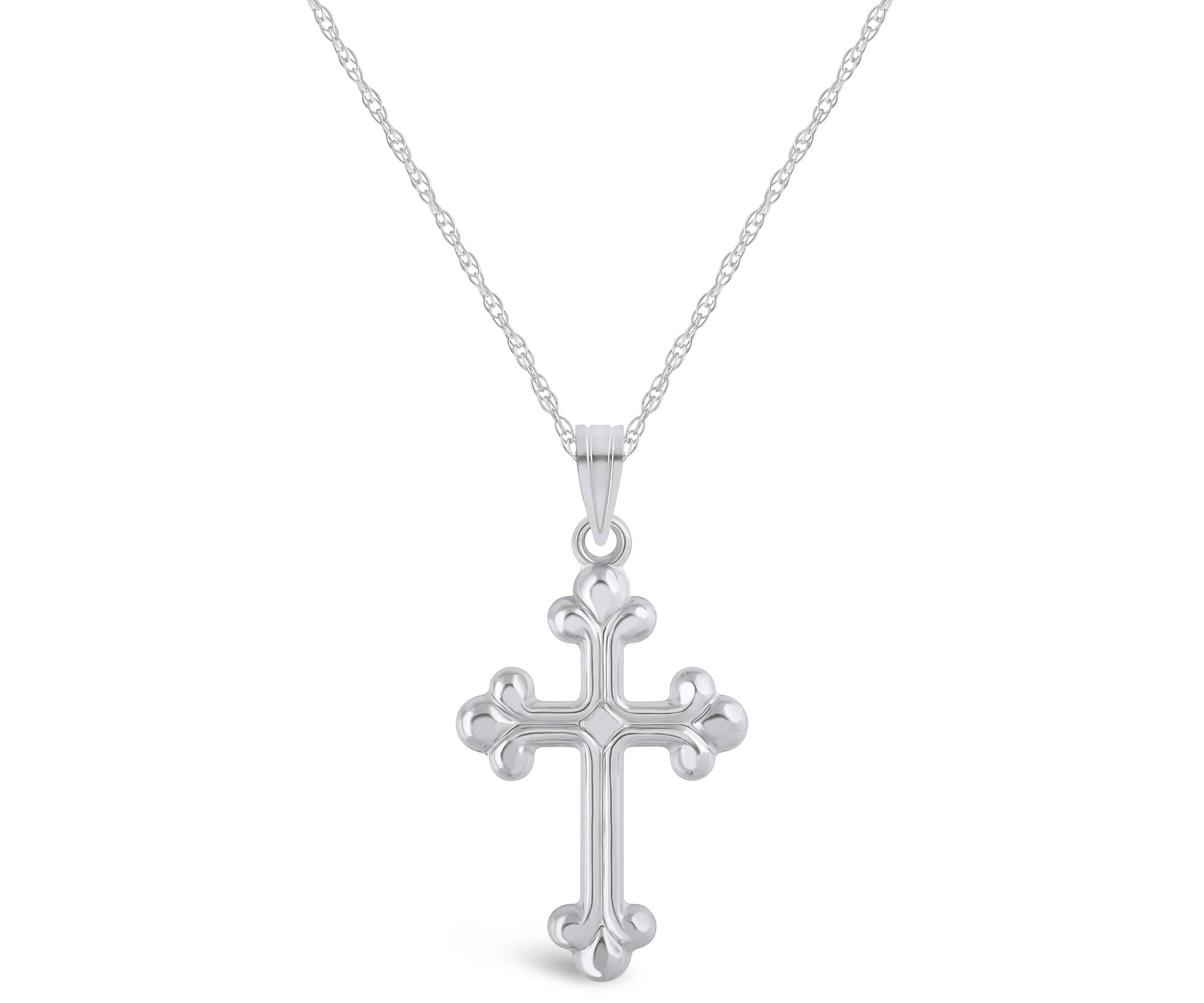 14K Yellow Gold Fleur De Lis Cross Pendant Necklace