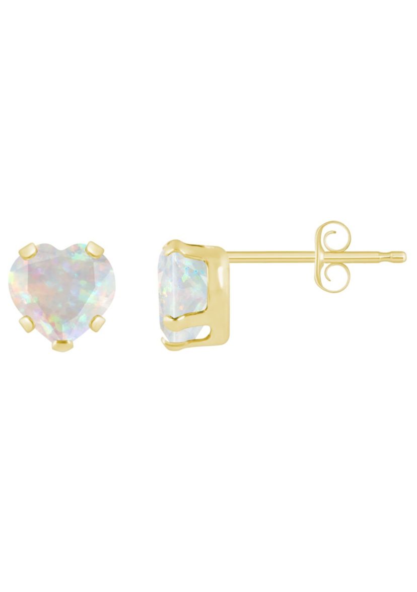 Lab Created 10K Yellow Gold 5mm Heart Shape Created Opal Stud Earrings