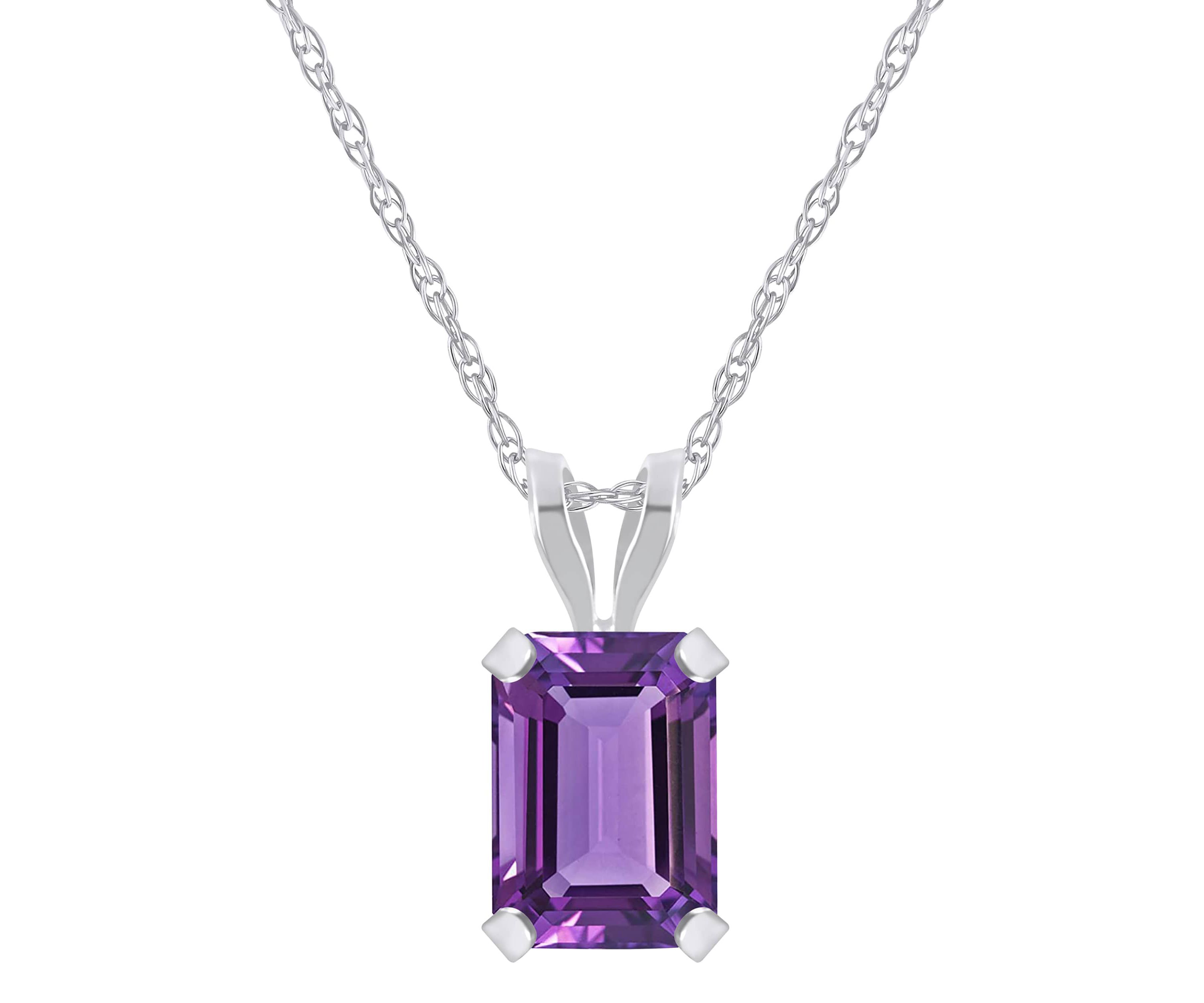 10K White Gold 7x5mm Emerald Cut Amethyst Pendant Necklace