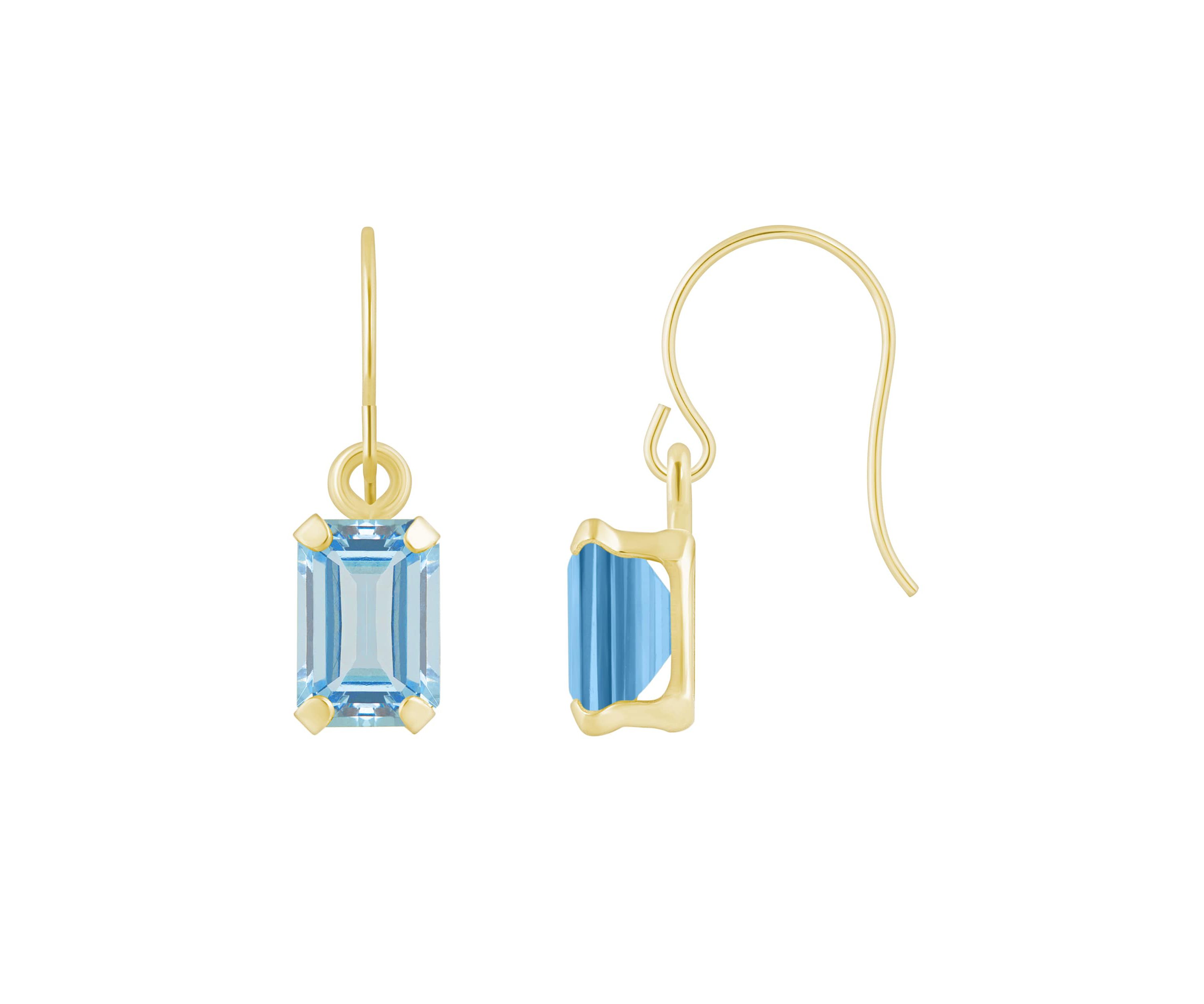 10K Yellow Gold 6x4mm Emerald Cut Aquamarine Drop Earrings