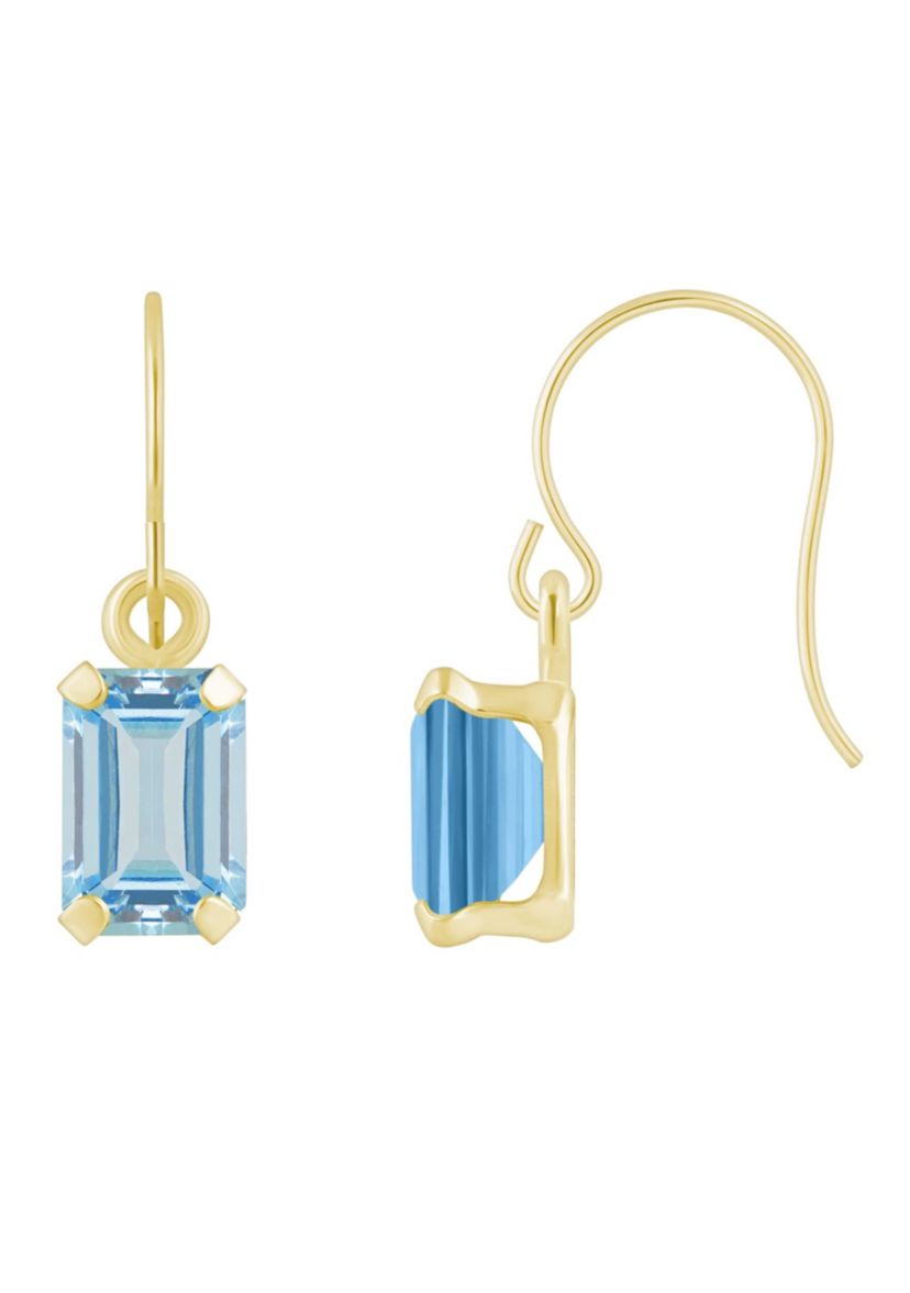 10K Yellow Gold 6x4mm Emerald Cut Aquamarine Drop Earrings