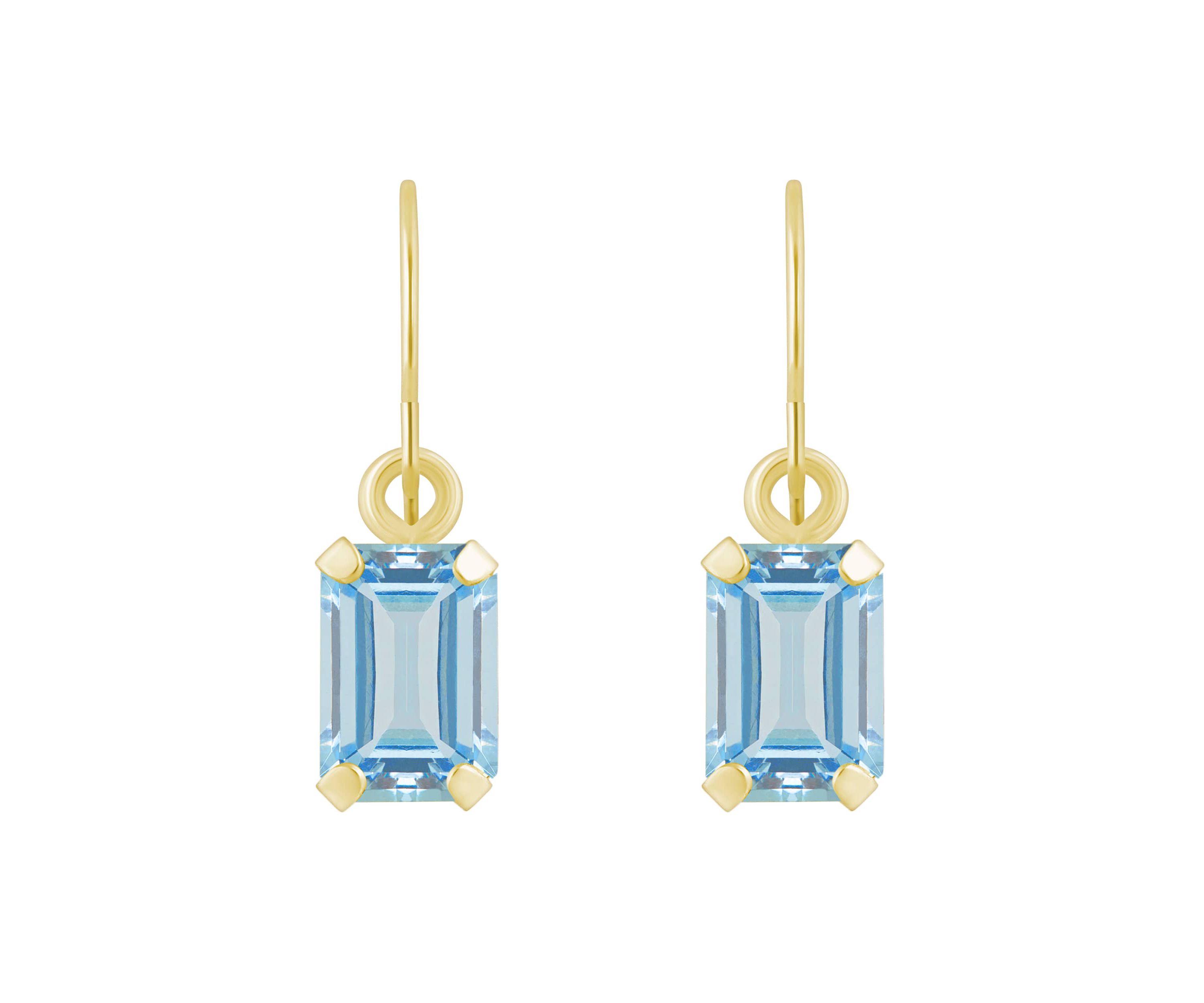 10K Yellow Gold 6x4mm Emerald Cut Aquamarine Drop Earrings