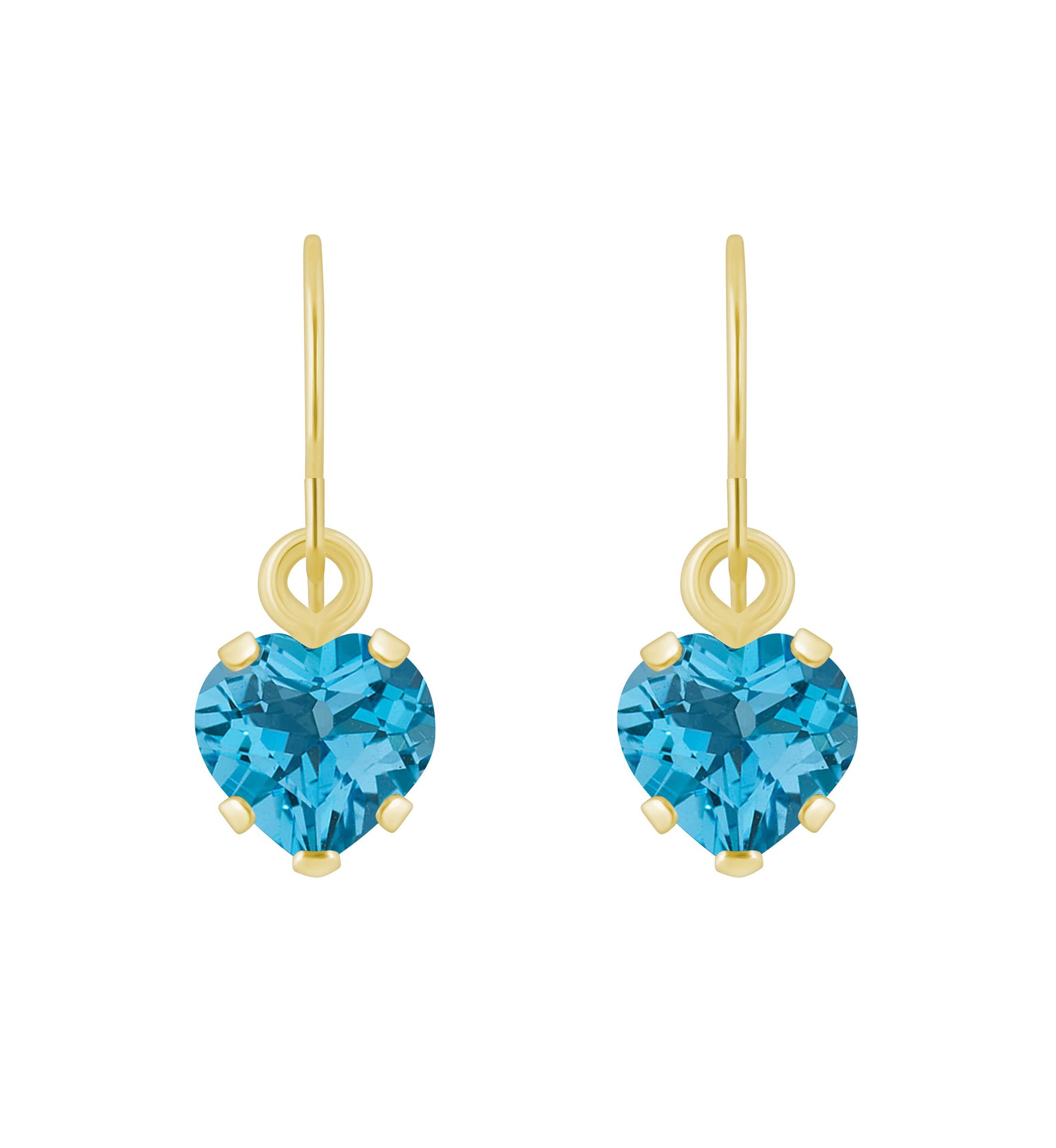 10K Yellow Gold 5mm Heart Shape Blue Topaz Drop Earrings