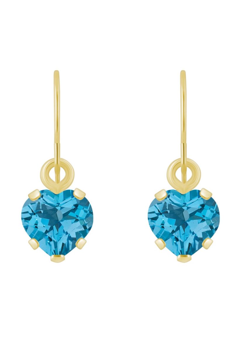 10K Yellow Gold 5mm Heart Shape Blue Topaz Drop Earrings