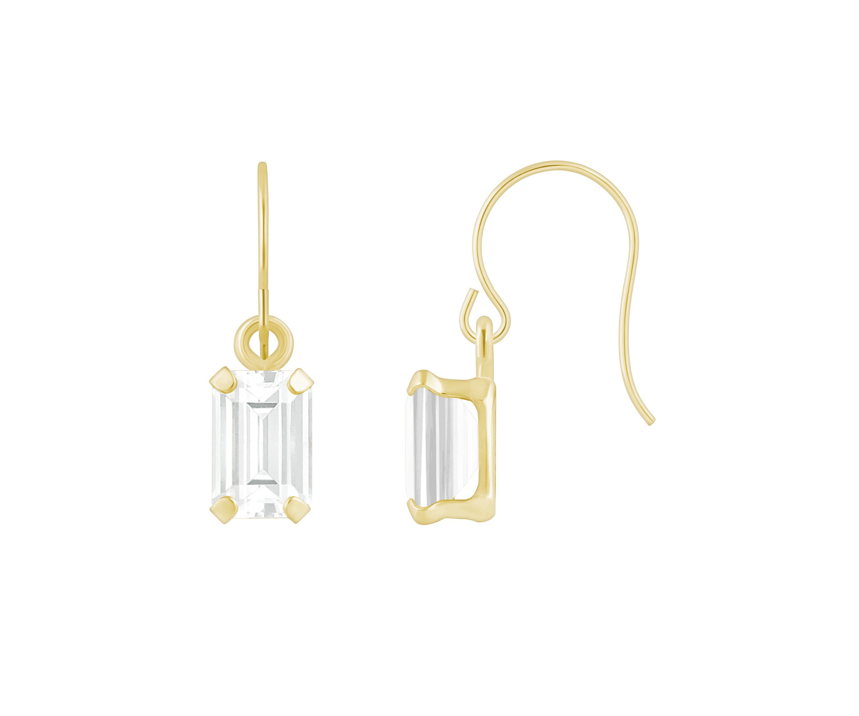 10K Yellow Gold 6x4mm Emerald Cut White Topaz Drop Earrings