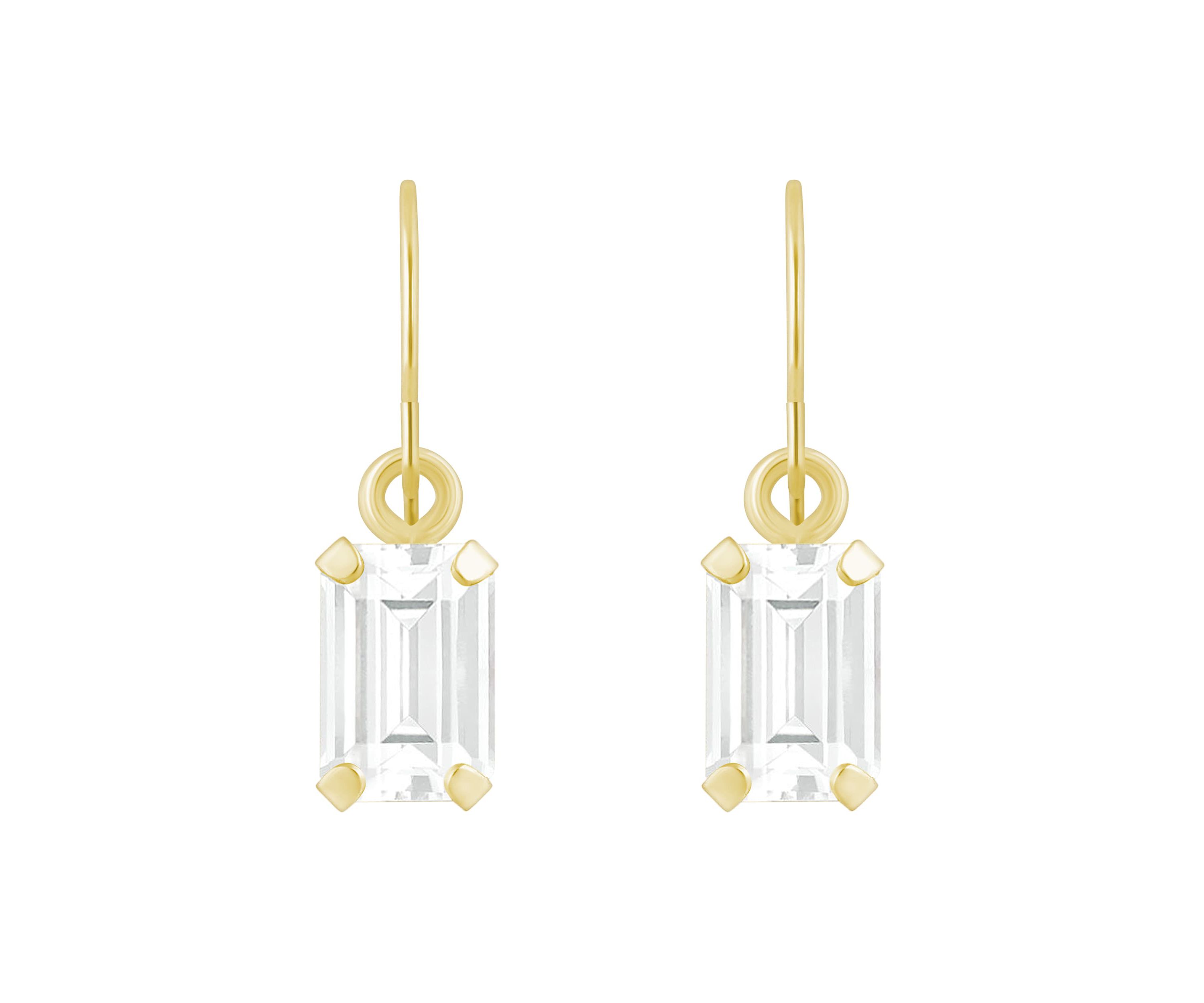 10K Yellow Gold 6x4mm Emerald Cut White Topaz Drop Earrings