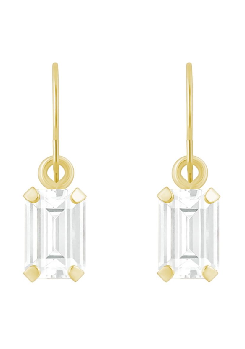 10K Yellow Gold 6x4mm Emerald Cut White Topaz Drop Earrings