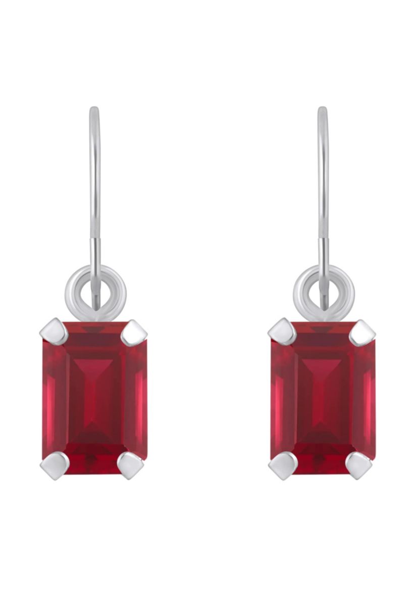 Lab Created 10K Yellow Gold 6x4mm Emerald Cut Created Ruby Drop Earrings