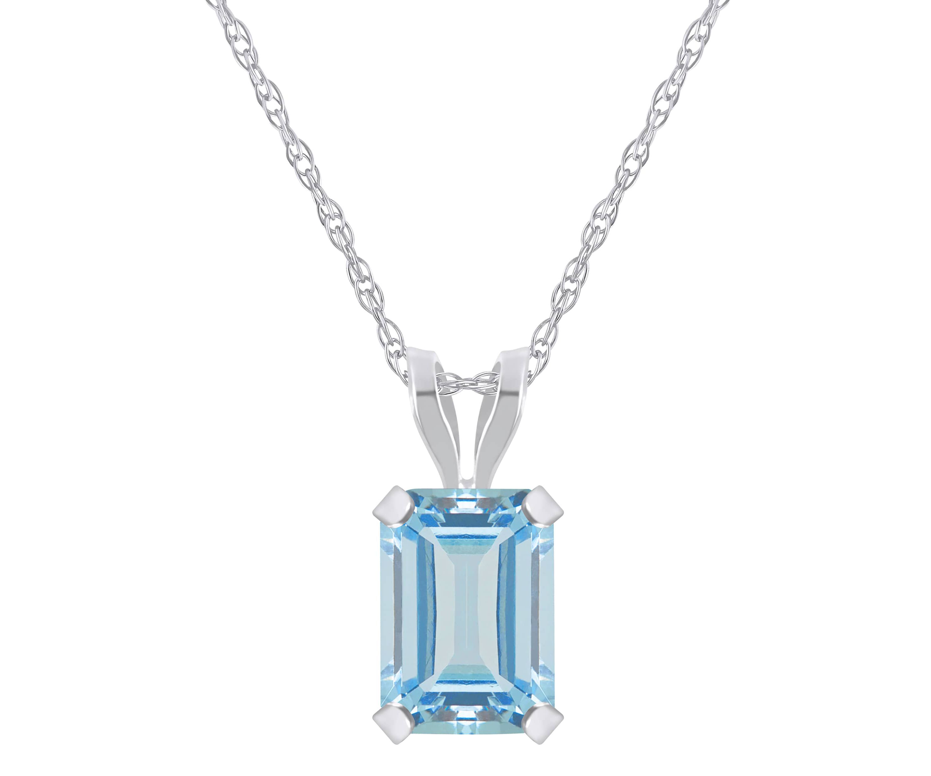 10K White Gold 7x5mm Emerald Cut Aquamarine Pendant Necklace