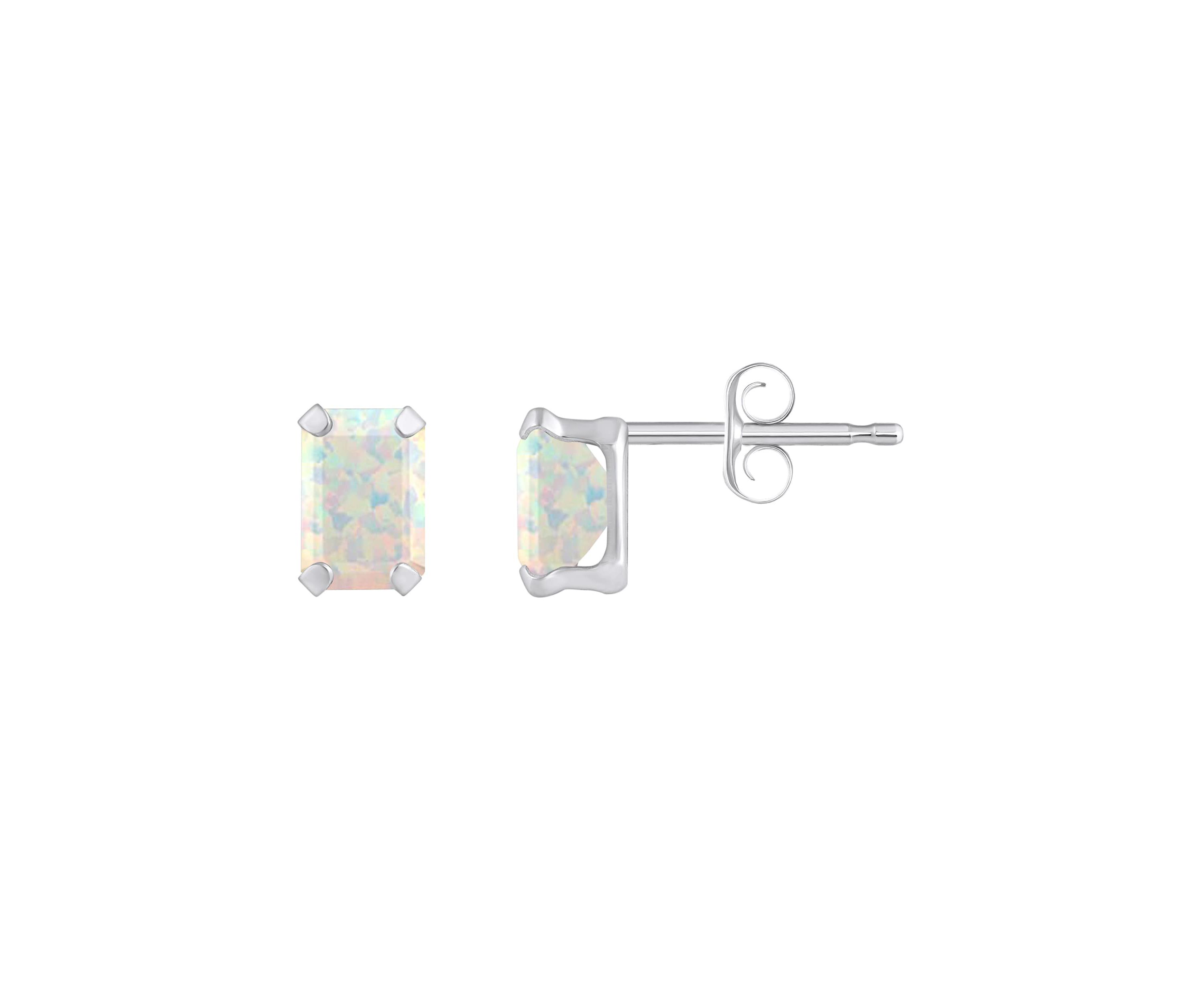 Lab Created 10K White Gold 6x4mm Emerald Cut Created Opal Stud Earrings