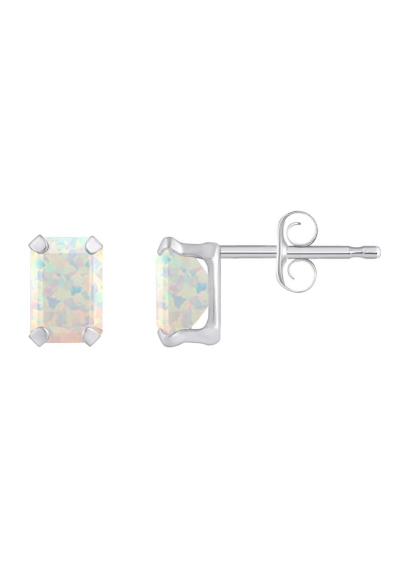 Lab Created 10K White Gold 6x4mm Emerald Cut Created Opal Stud Earrings