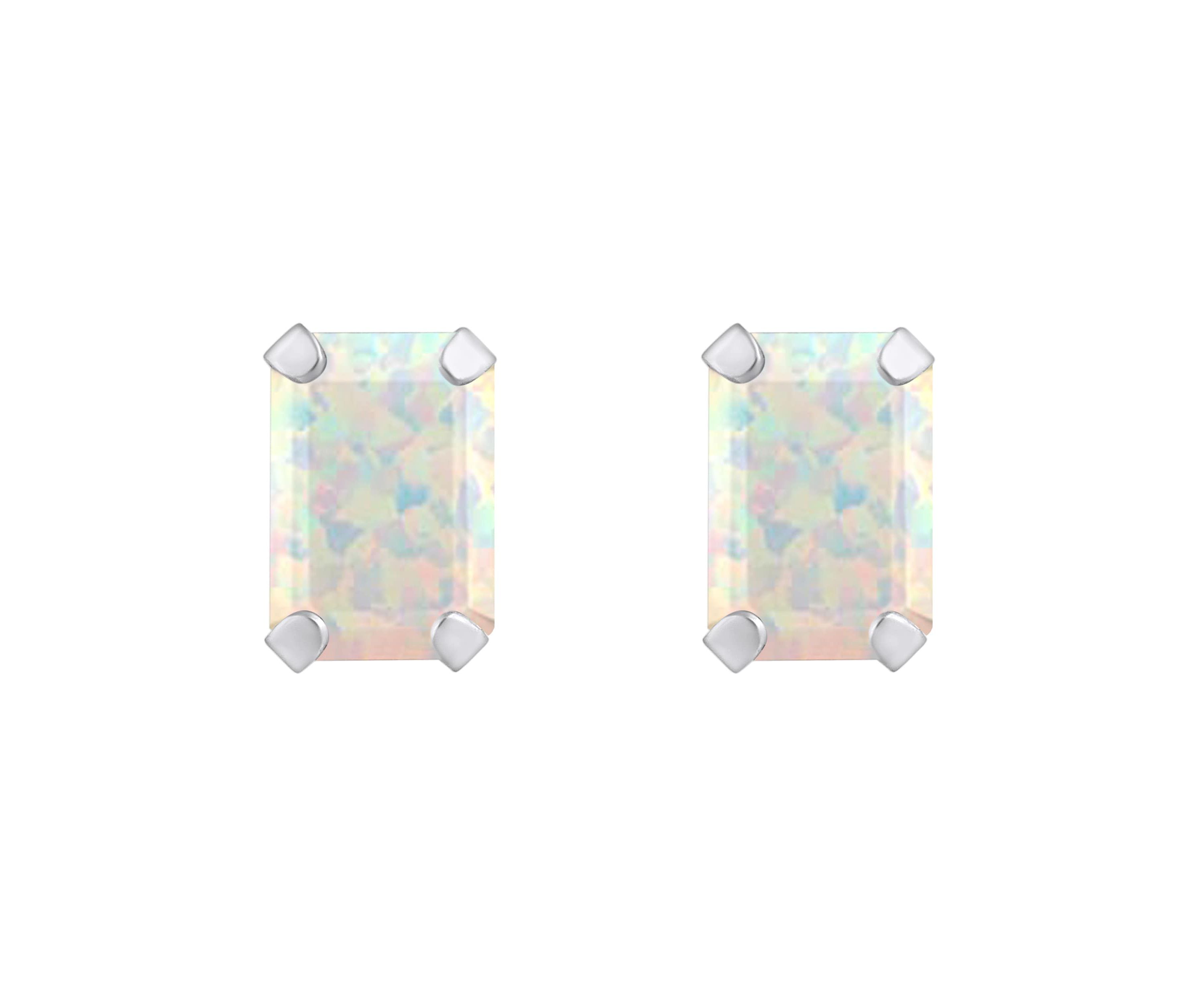 Lab Created 10K White Gold 6x4mm Emerald Cut Created Opal Stud Earrings