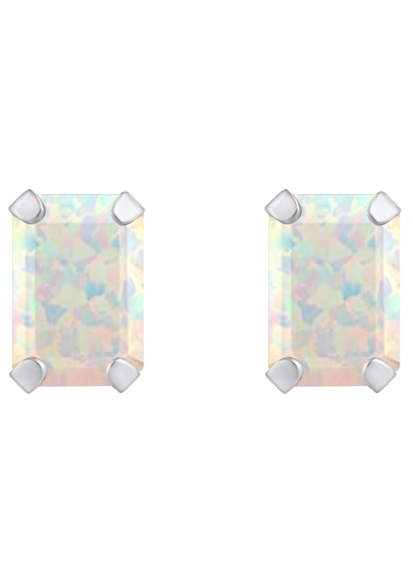 Lab Created 10K White Gold 6x4mm Emerald Cut Created Opal Stud Earrings