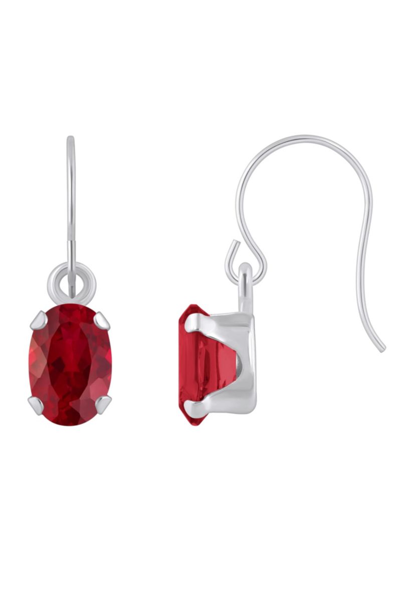 Lab Created 10K White Gold 6x4mm Oval Created Ruby Drop Earrings