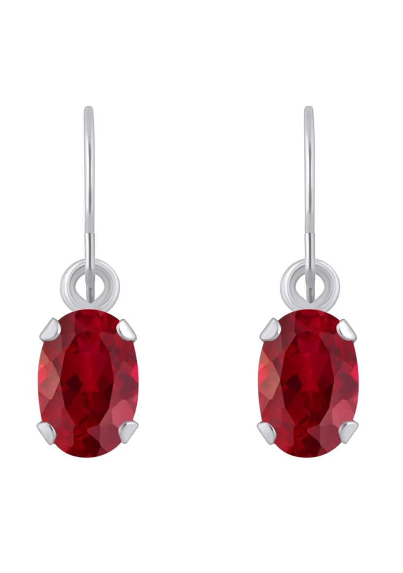 Lab Created 10K White Gold 6x4mm Oval Created Ruby Drop Earrings
