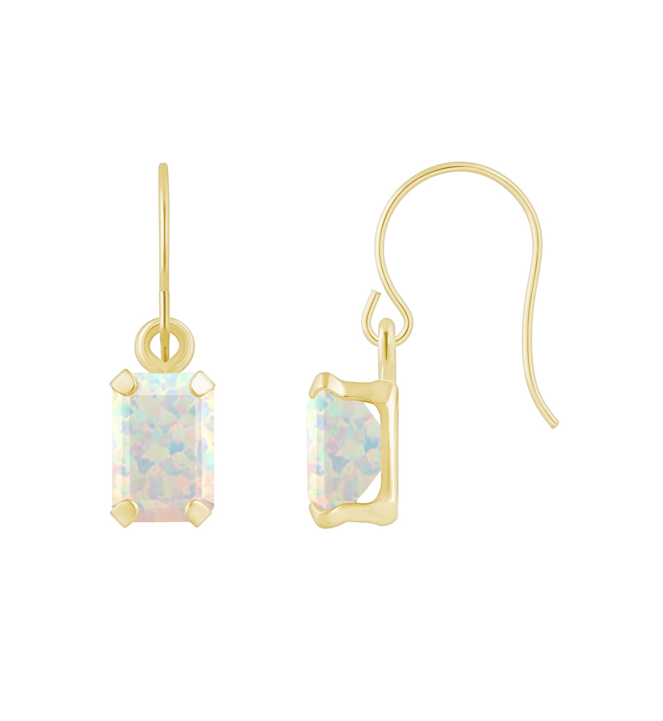 Lab Created 10K White Gold 6x4mm Emerald Cut Created Opal Drop Earrings